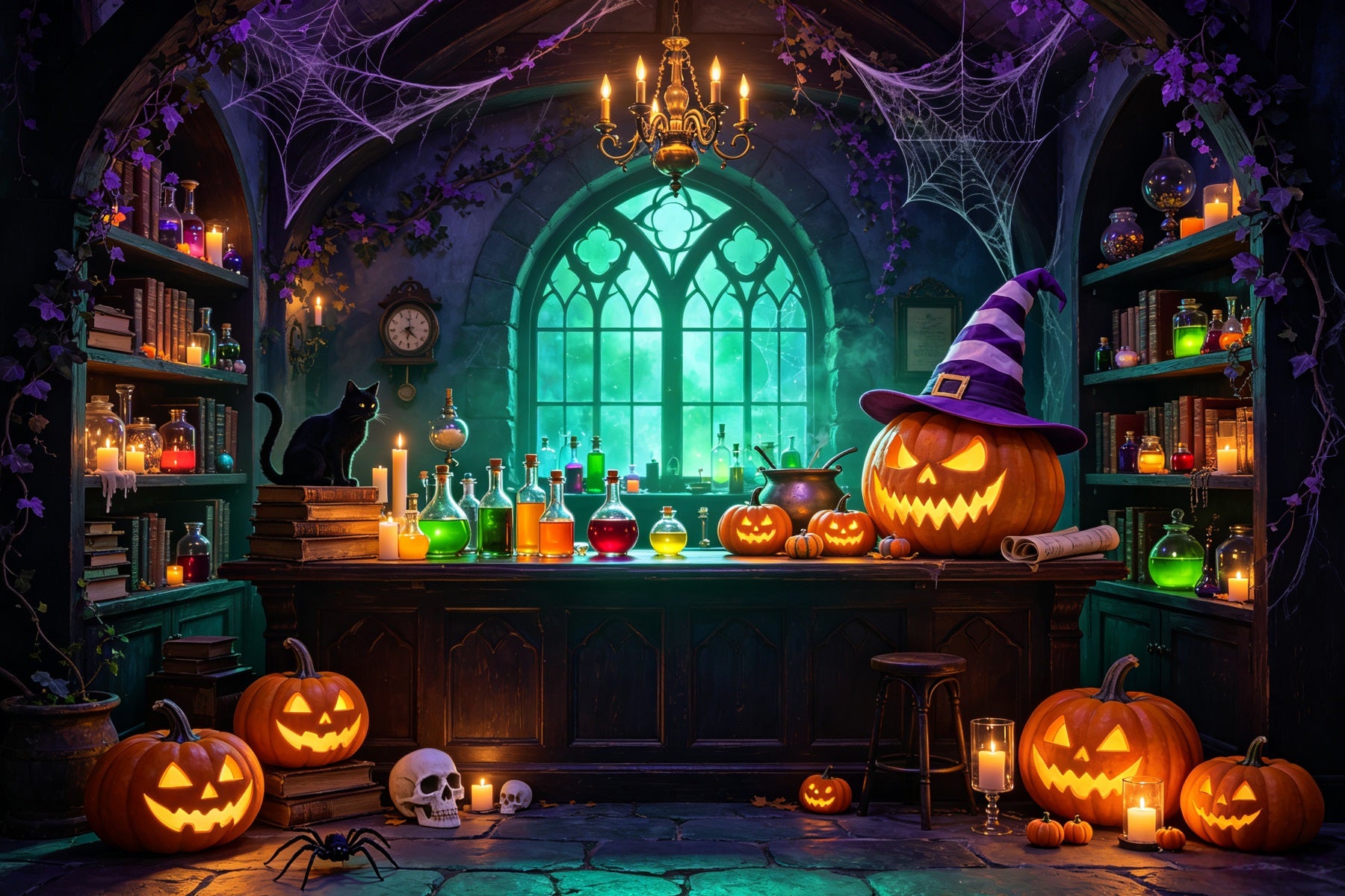 Witches Kitchen Backdrop Banner Glowing Pumpkin Potion Laboratory Magic Show Backdrops GQ67-99