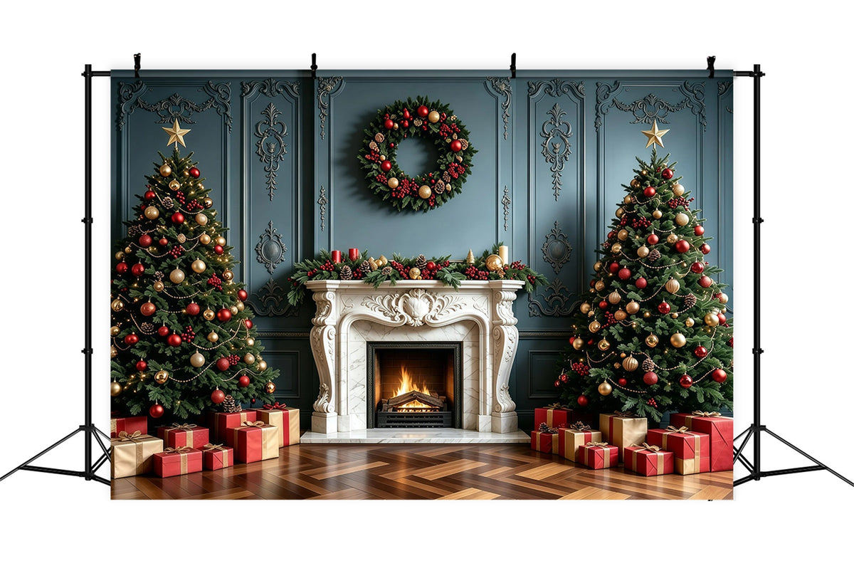 Christmas Fireplace Backdrop Elegant Blue Wall Garland Photo Christmas Backdrop GQ68-100