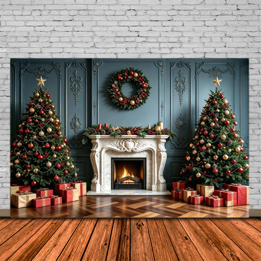 Christmas Fireplace Backdrop Elegant Blue Wall Garland Photo Christmas Backdrop GQ68-100