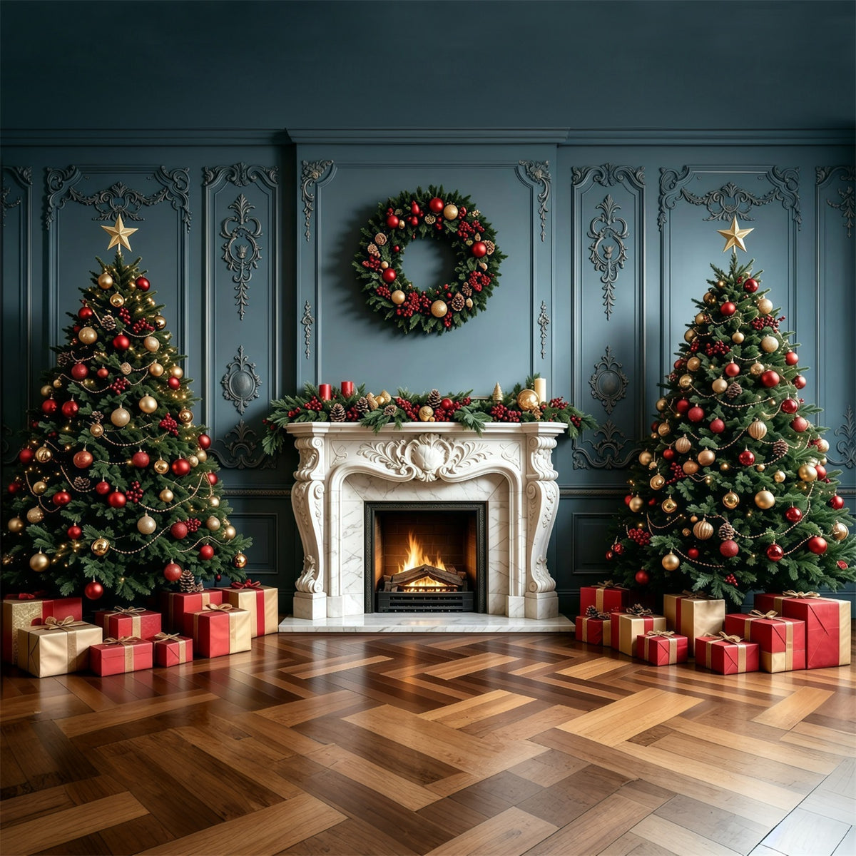 Christmas Fireplace Backdrop Elegant Blue Wall Garland Photo Christmas Backdrop GQ68-100