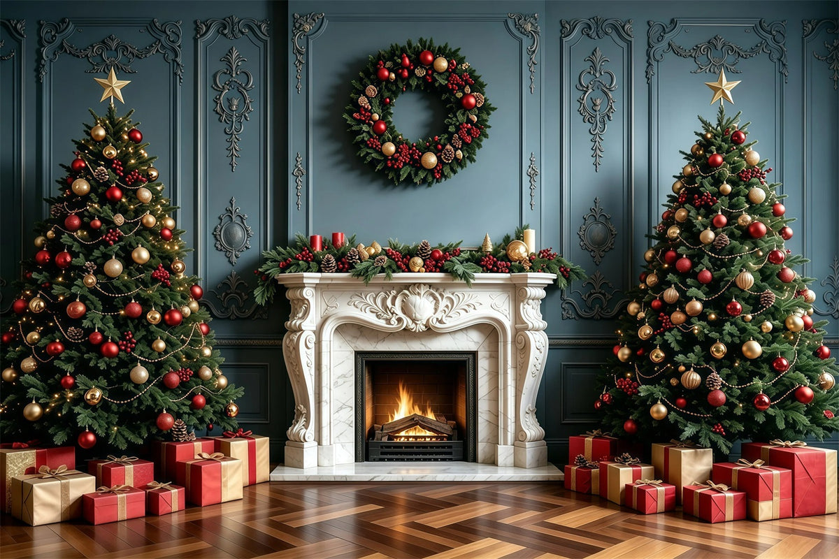 Christmas Fireplace Backdrop Elegant Blue Wall Garland Photo Christmas Backdrop GQ68-100