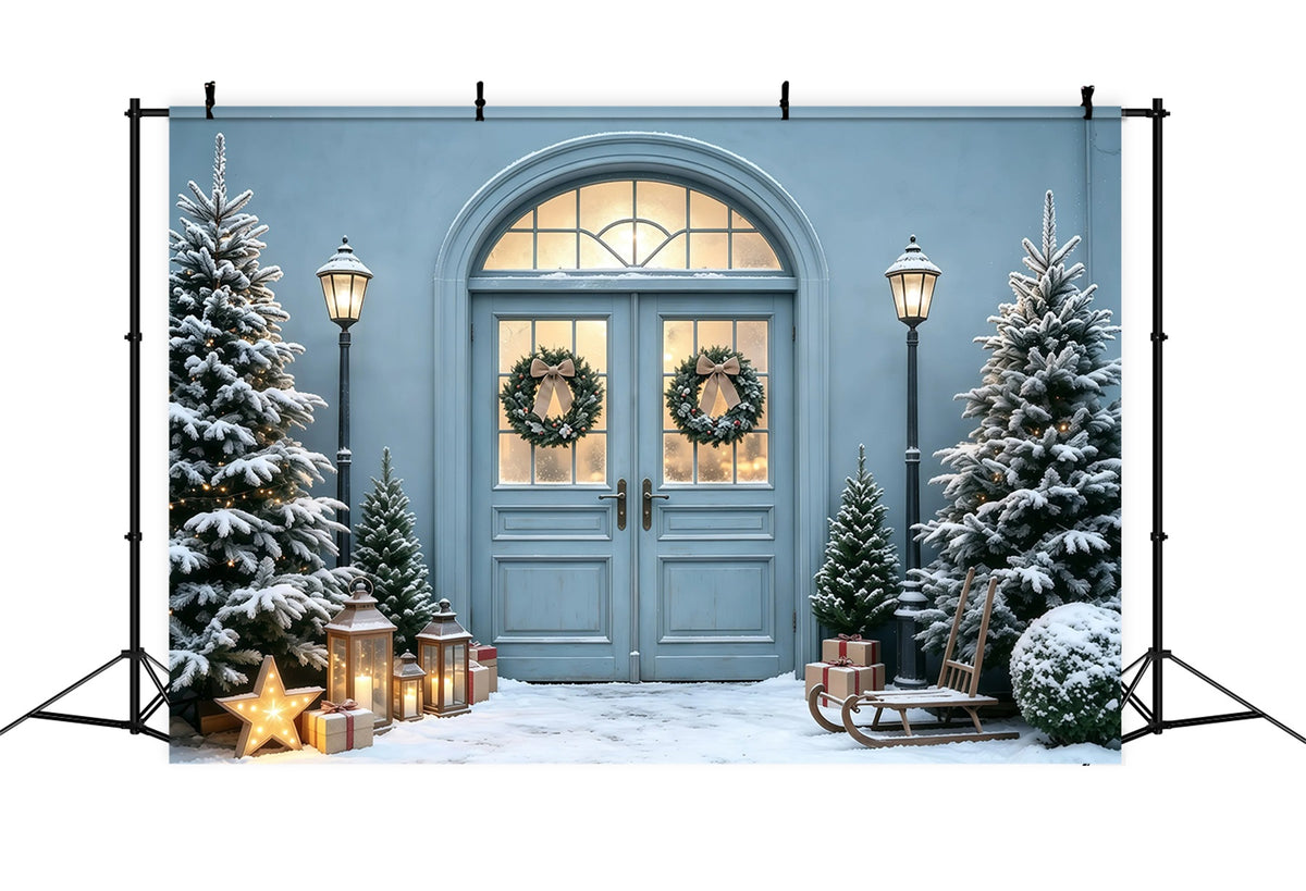 Blue Christmas Backdrop Snowy Pine Doorway Glow Photo Christmas Backdrops GQ68-101