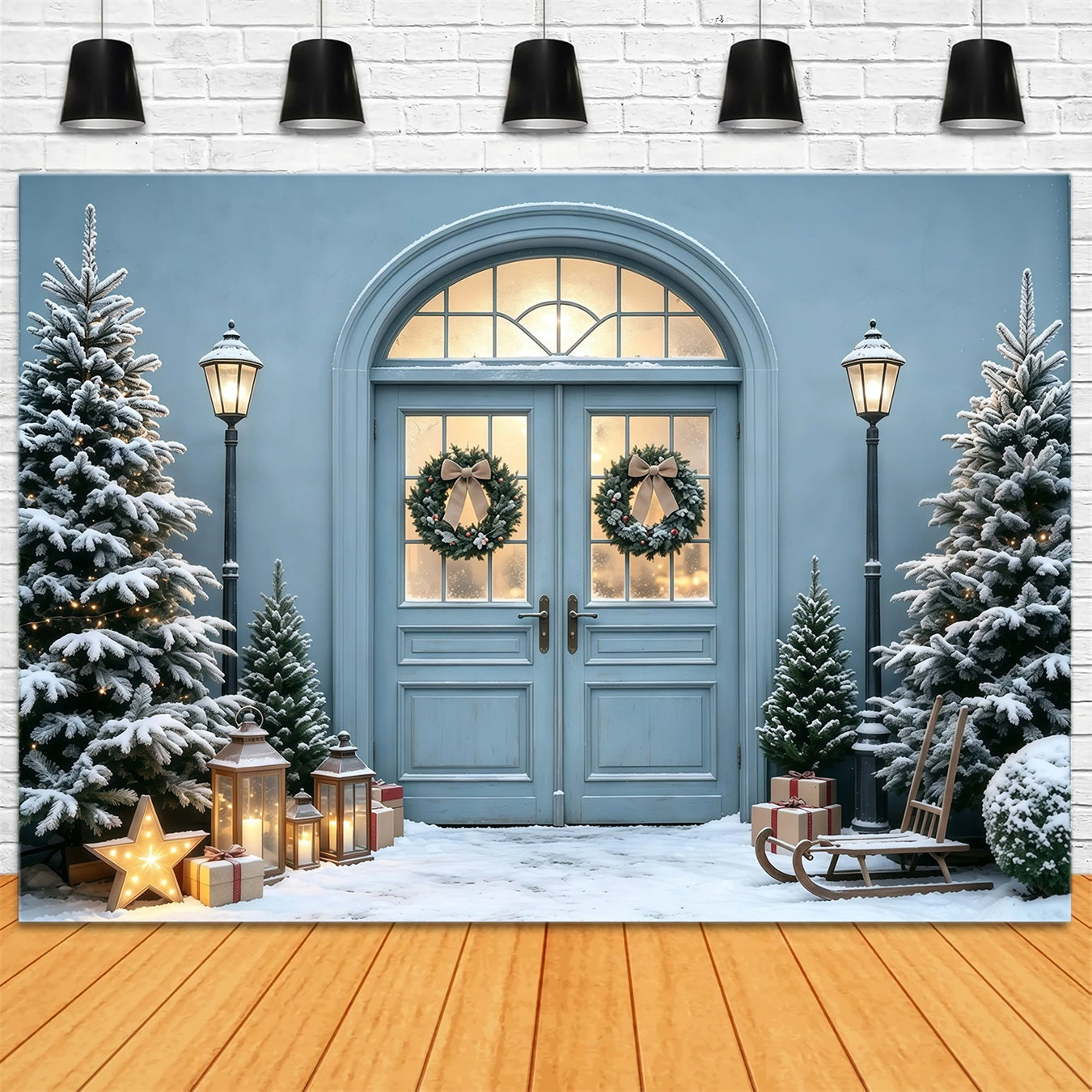 Blue Christmas Backdrop Snowy Pine Doorway Glow Photo Christmas Backdrops GQ68-101