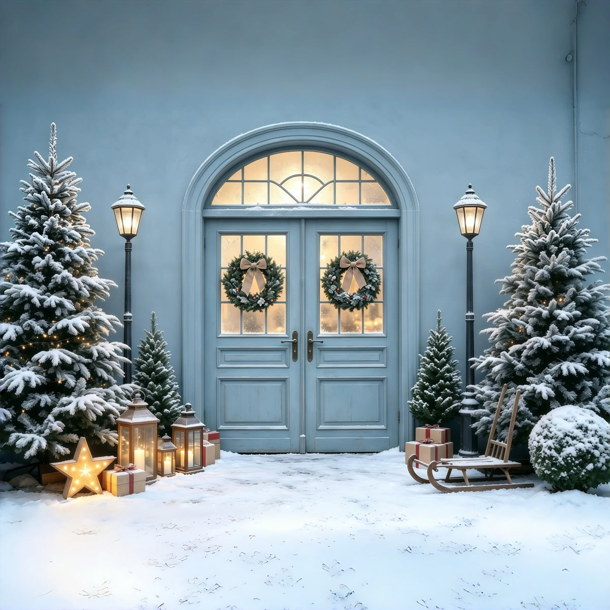 Blue Christmas Backdrop Snowy Pine Doorway Glow Photo Christmas Backdrops GQ68-101