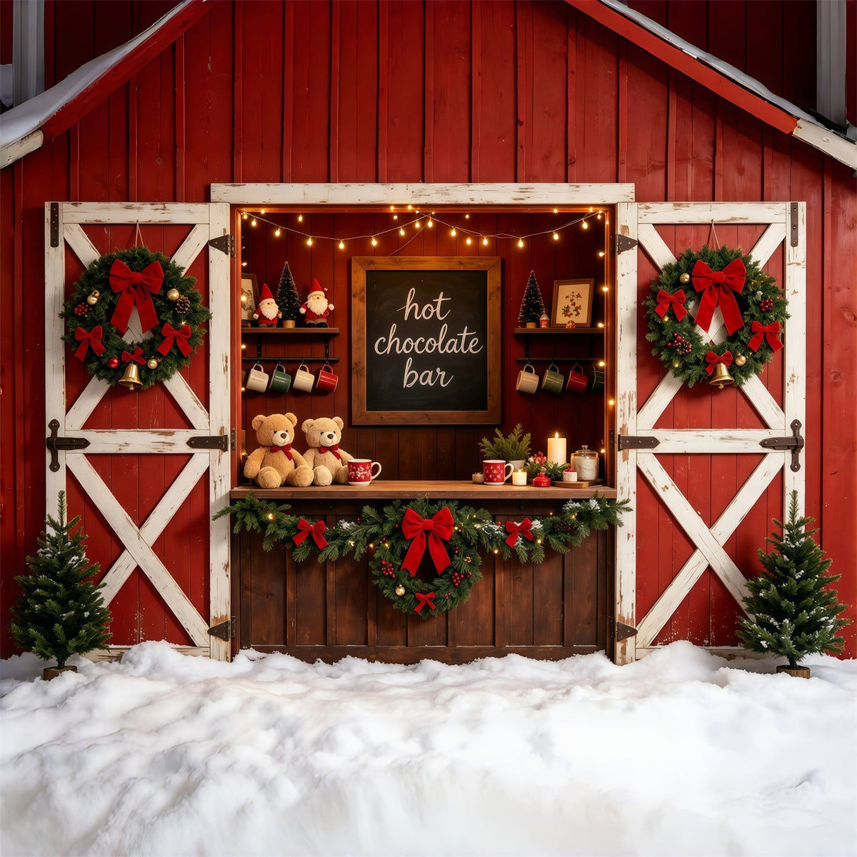 Red Christmas Backdrop Rustic Barn Chocolate Bar Christmas Studio Backdrops GQ68-102
