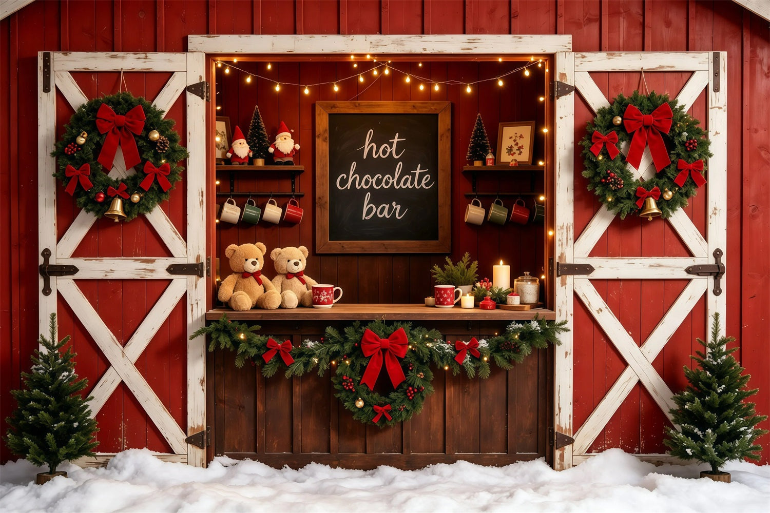 Red Christmas Backdrop Rustic Barn Chocolate Bar Christmas Studio Backdrops GQ68-102