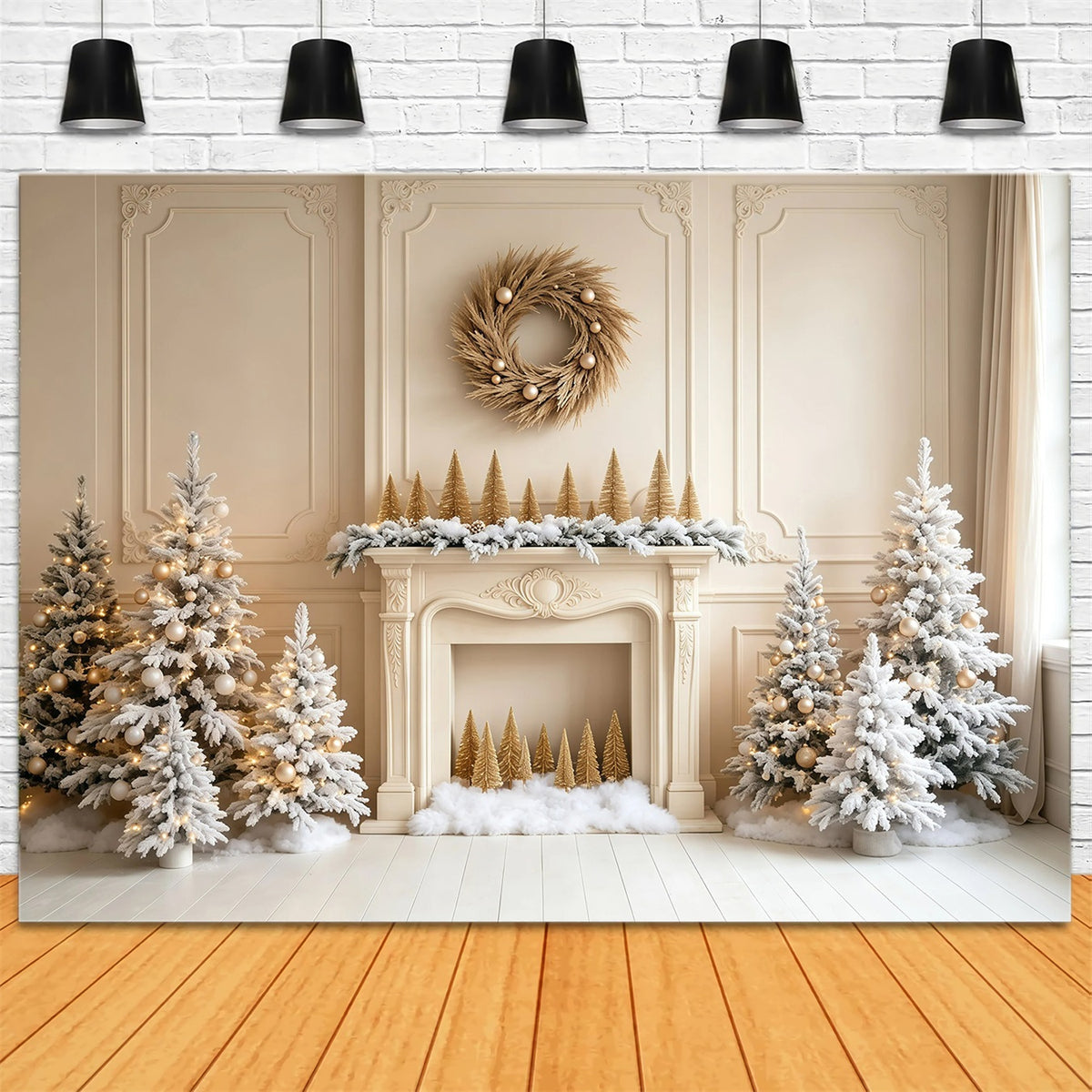White Christmas Backdrop Fireplace Pine Trees Wall Studio Christmas Backdrop GQ68-103