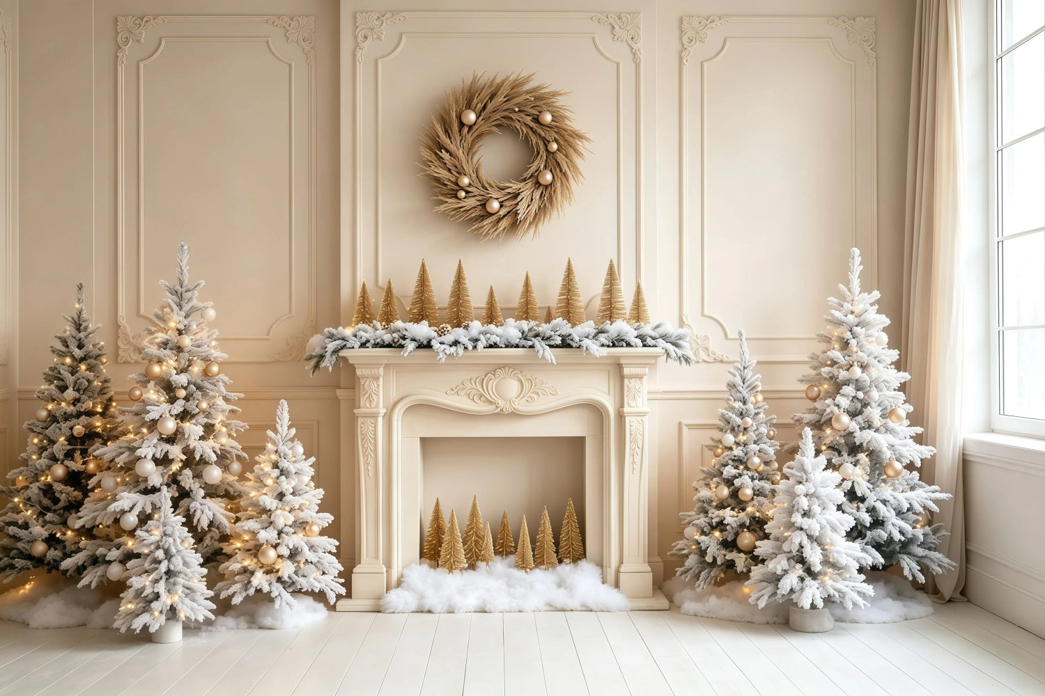 White Christmas Backdrop Fireplace Pine Trees Wall Studio Christmas Backdrop GQ68-103