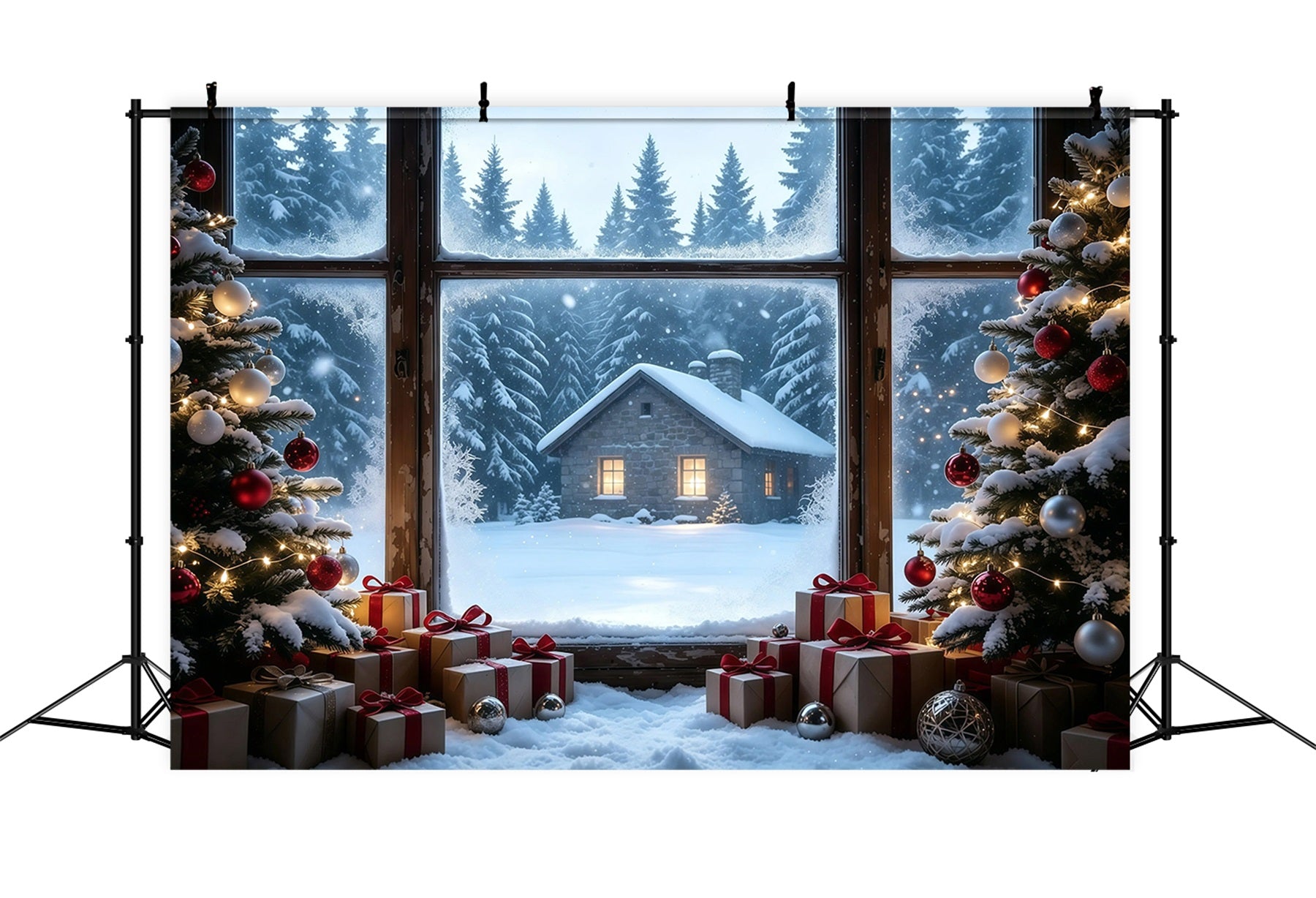 Rustic Christmas Backdrop Snowy Cabin Window View Studio Christmas Backdrops GQ68-104