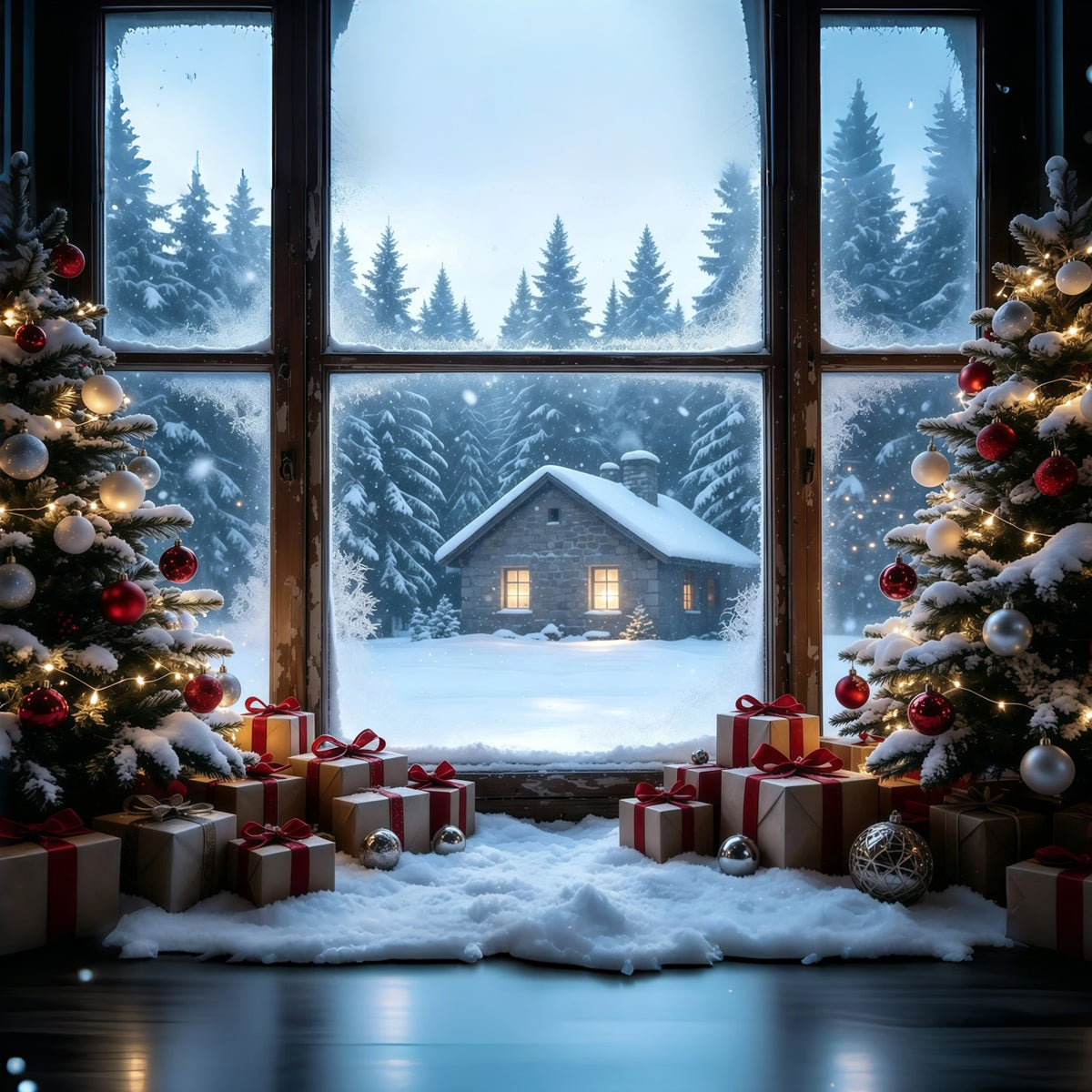 Rustic Christmas Backdrop Snowy Cabin Window View Studio Christmas Backdrops GQ68-104