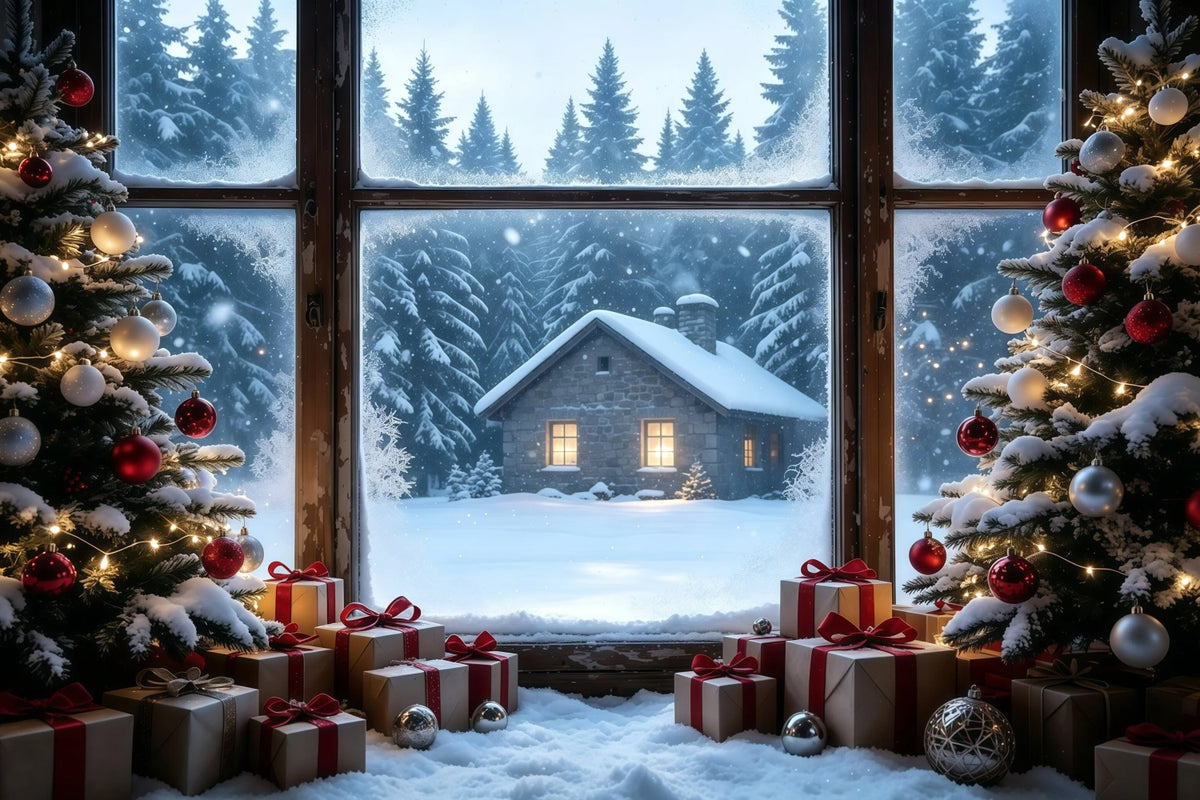 Rustic Christmas Backdrop Snowy Cabin Window View Studio Christmas Backdrops GQ68-104