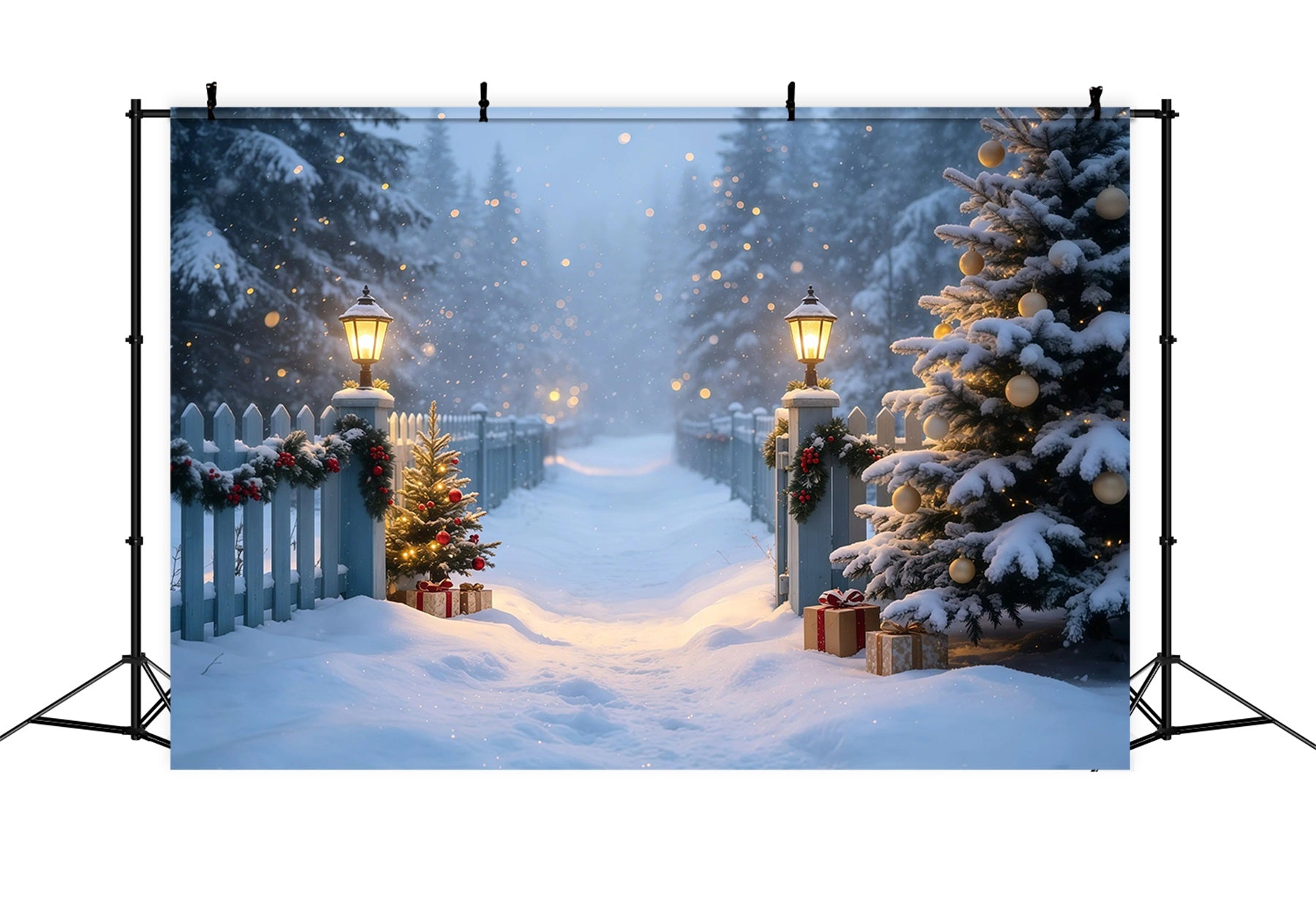 Snowy Christmas Backdrop Lantern Garden Snow Path Christmas Photo Backdrop GQ68-105