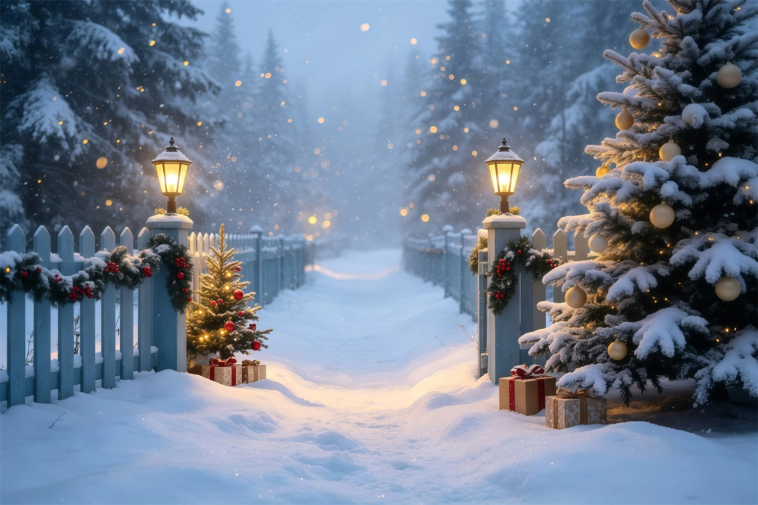 Snowy Christmas Backdrop Lantern Garden Snow Path Christmas Photo Backdrop GQ68-105