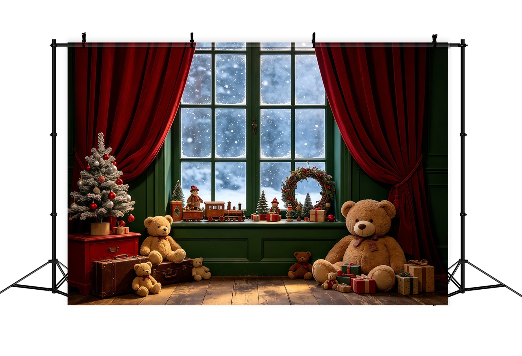Christmas Window Backdrop Teddy Bear Indoor Corner Christmas Muslin Backdrop GQ68-106