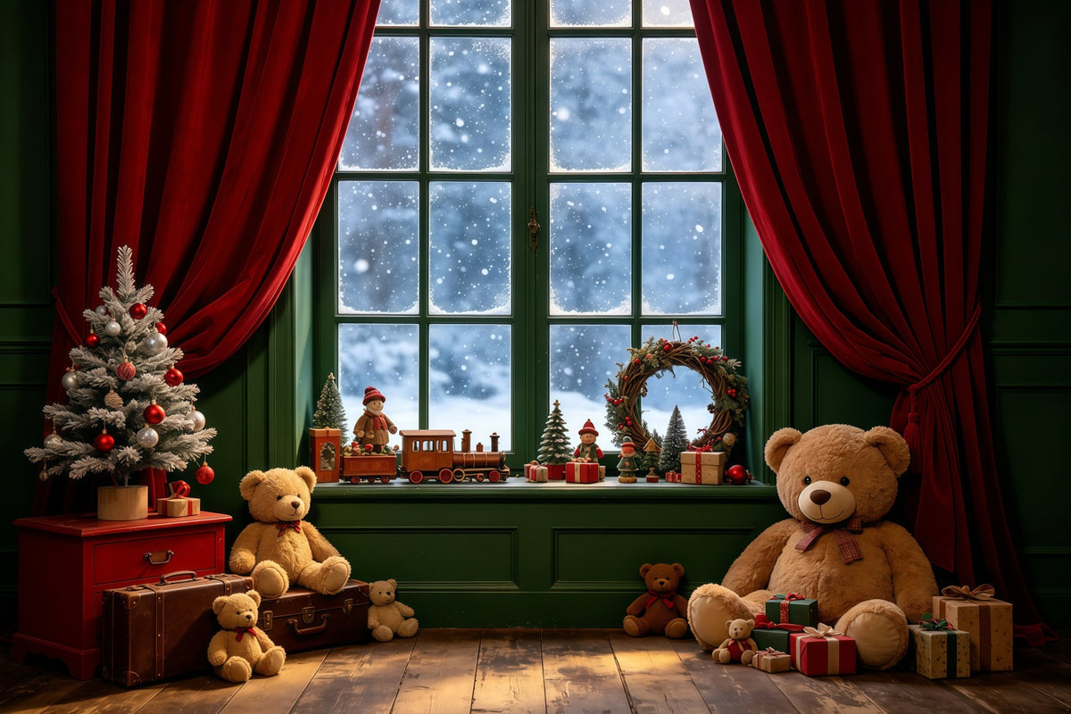 Christmas Window Backdrop Teddy Bear Indoor Corner Christmas Muslin Backdrop GQ68-106