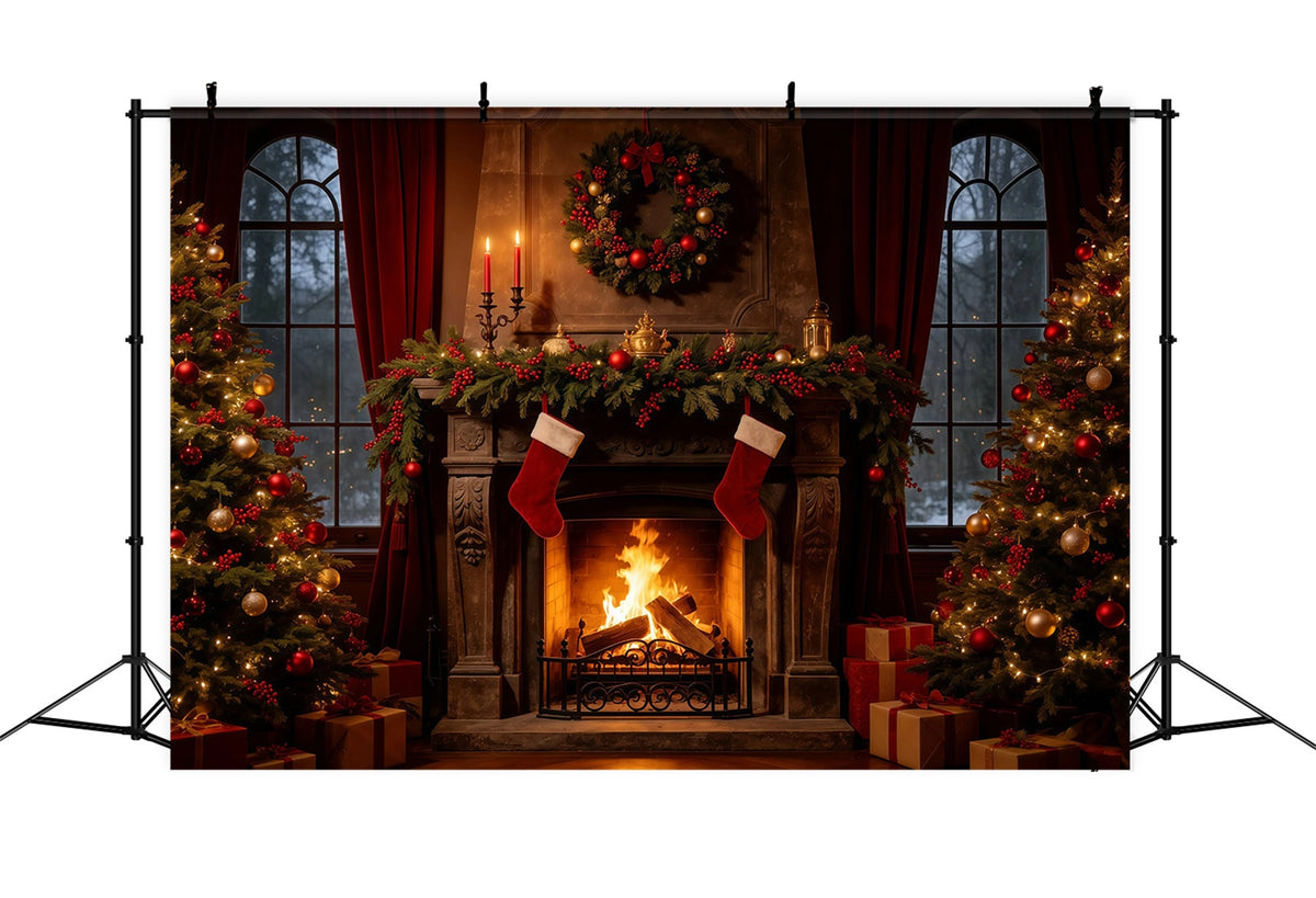 Cozy Christmas Backdrop Vintage Fireplace Stockings Christmas Indoor Backdrop GQ68-107
