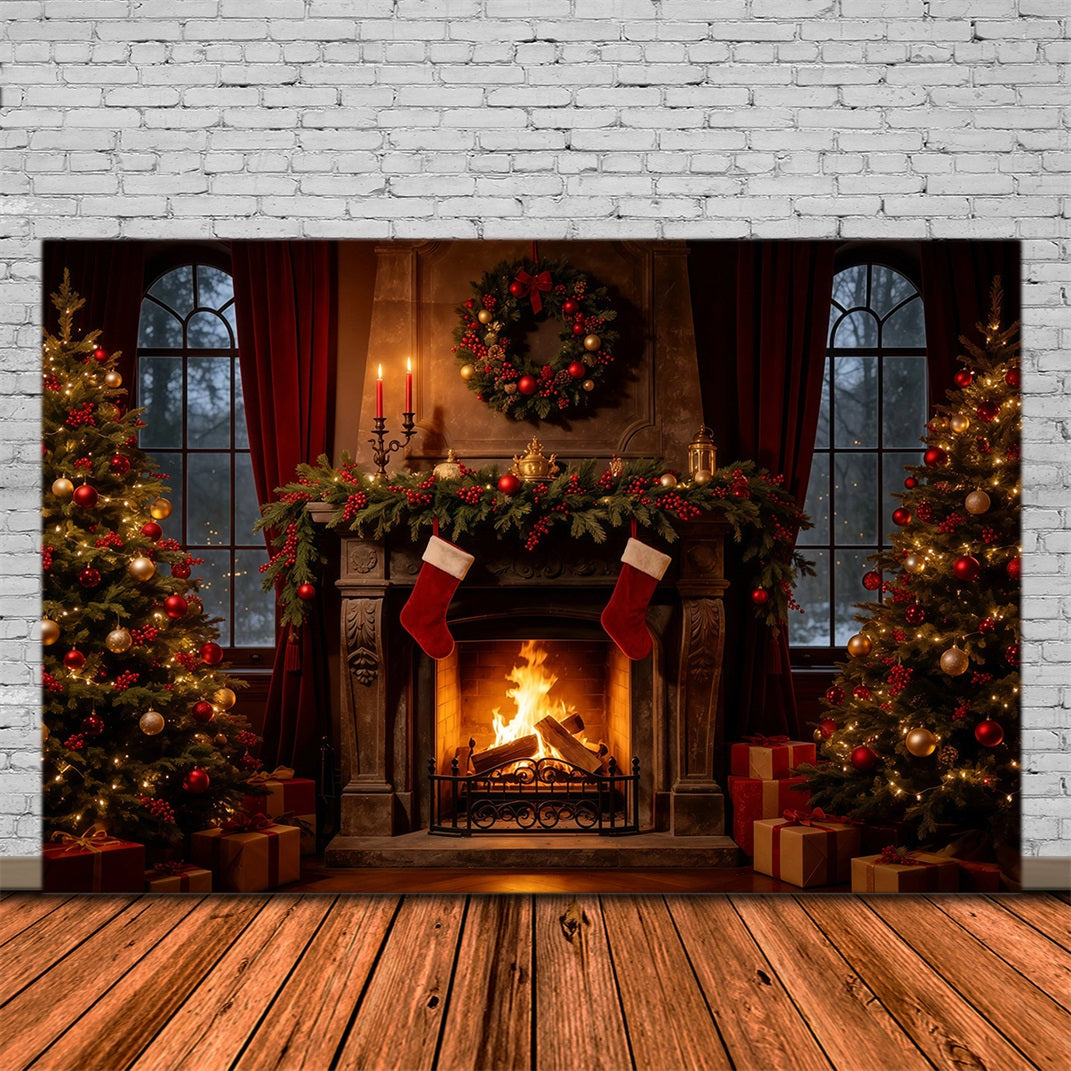 Cozy Christmas Backdrop Vintage Fireplace Stockings Christmas Indoor Backdrop GQ68-107
