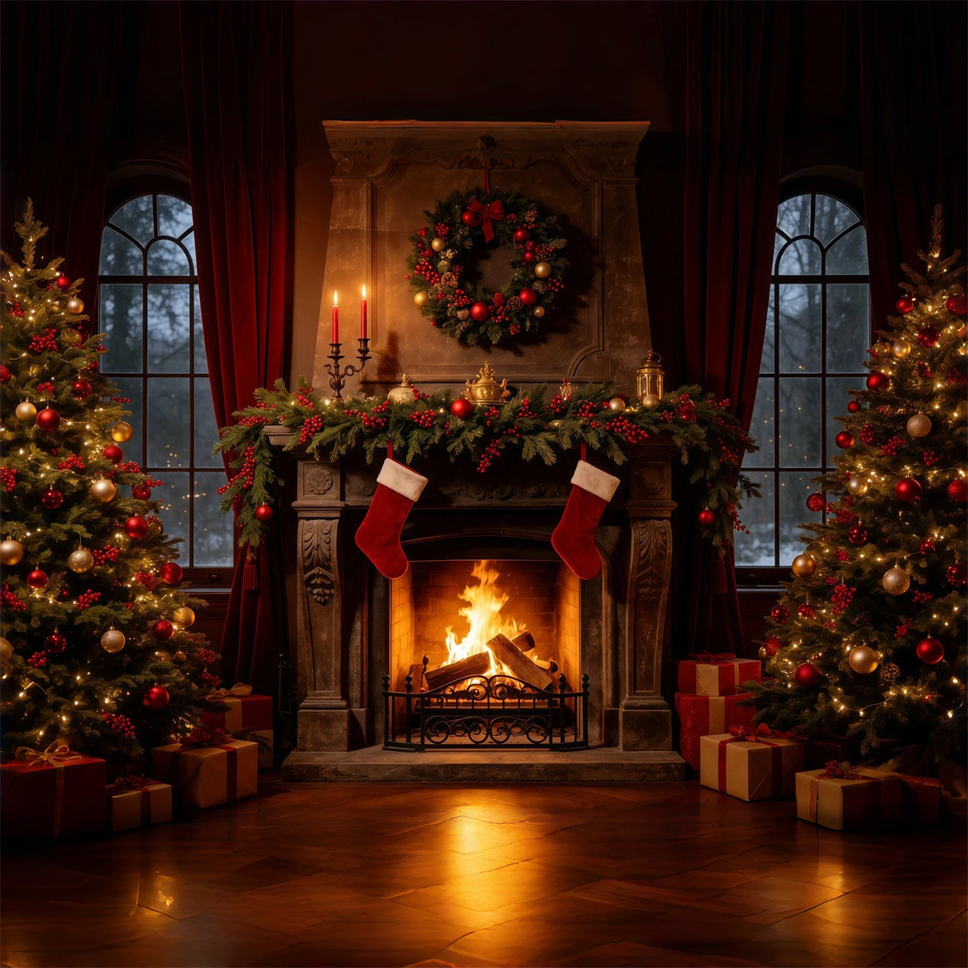 Cozy Christmas Backdrop Vintage Fireplace Stockings Christmas Indoor Backdrop GQ68-107