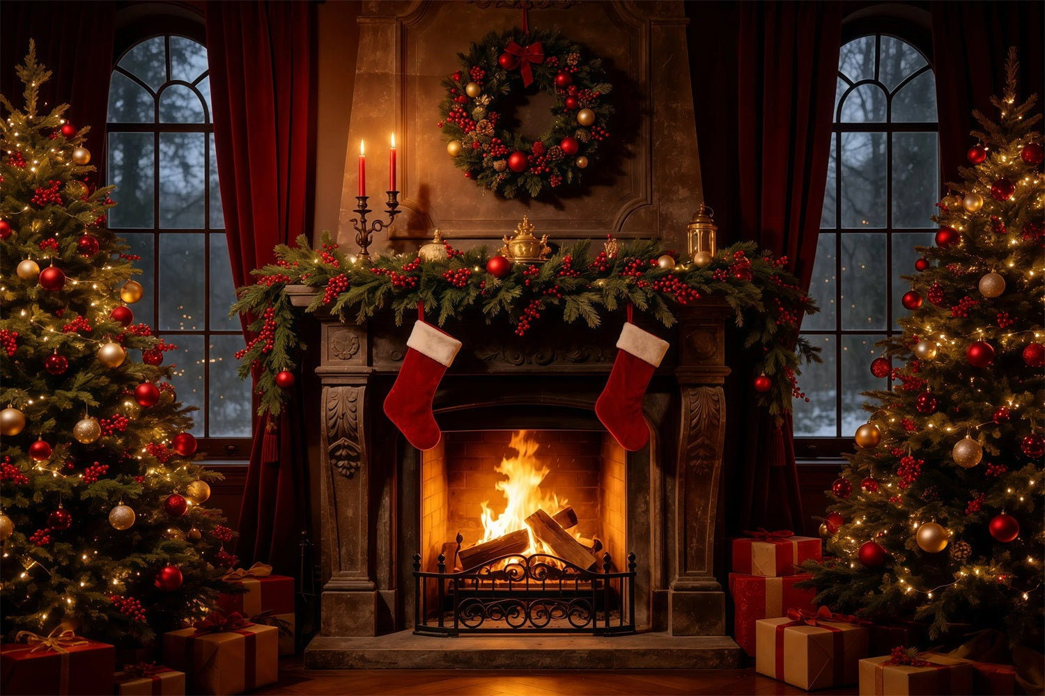 Cozy Christmas Backdrop Vintage Fireplace Stockings Christmas Indoor Backdrop GQ68-107