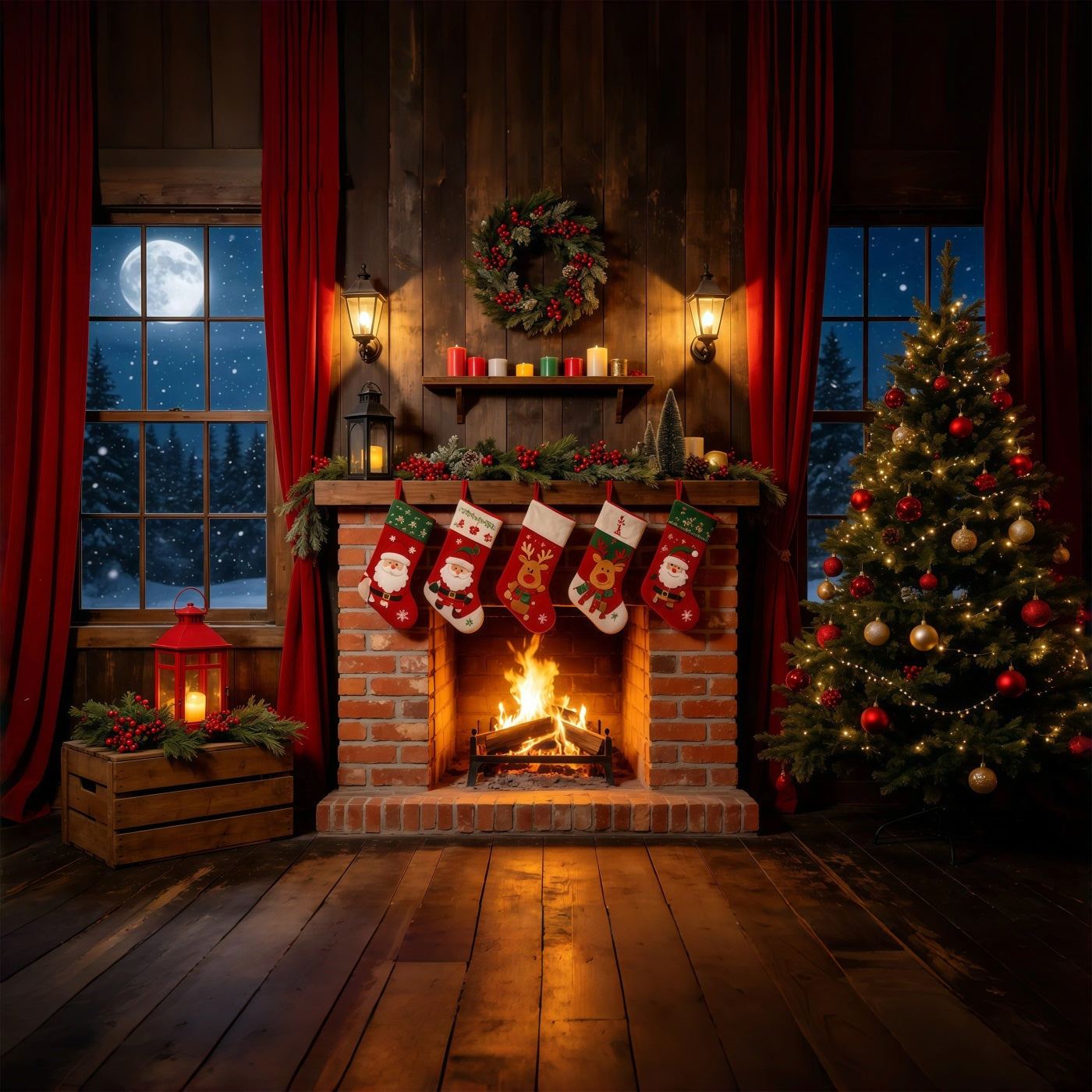 Christmas Night Backdrop Rustic Fireplace Stockings Indoor Christmas Backdrops GQ68-108