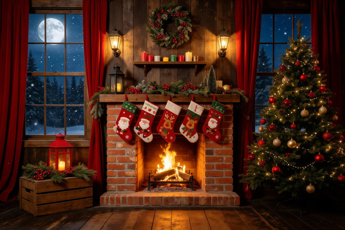 Christmas Night Backdrop Rustic Fireplace Stockings Indoor Christmas Backdrops GQ68-108