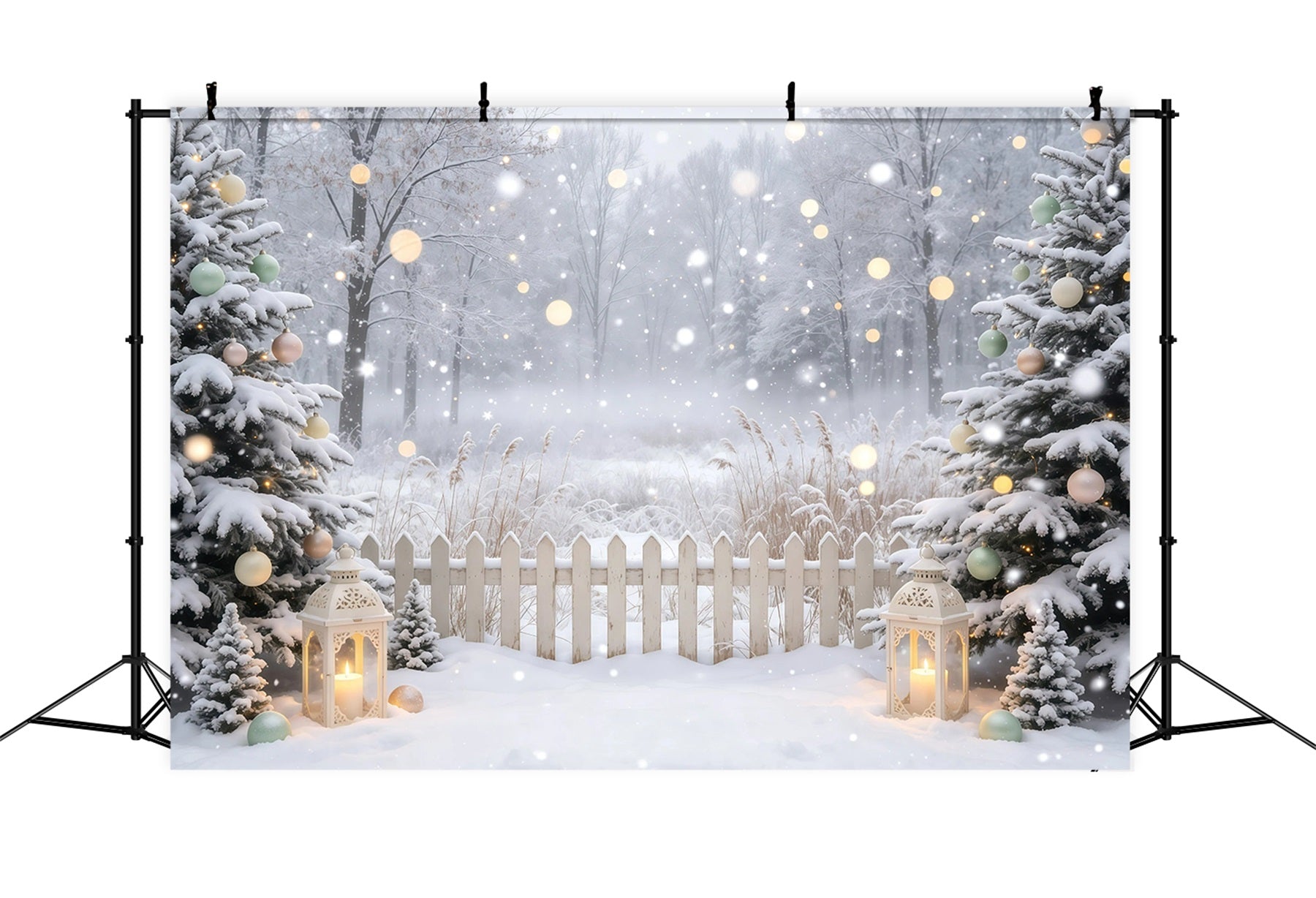 Winter Christmas Backdrop Snowy Forest Lanterns Professional Christmas Backdrop GQ68-109