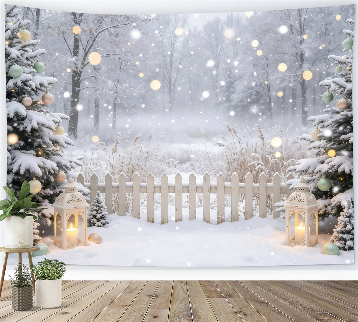 Winter Christmas Backdrop Snowy Forest Lanterns Professional Christmas Backdrop GQ68-109