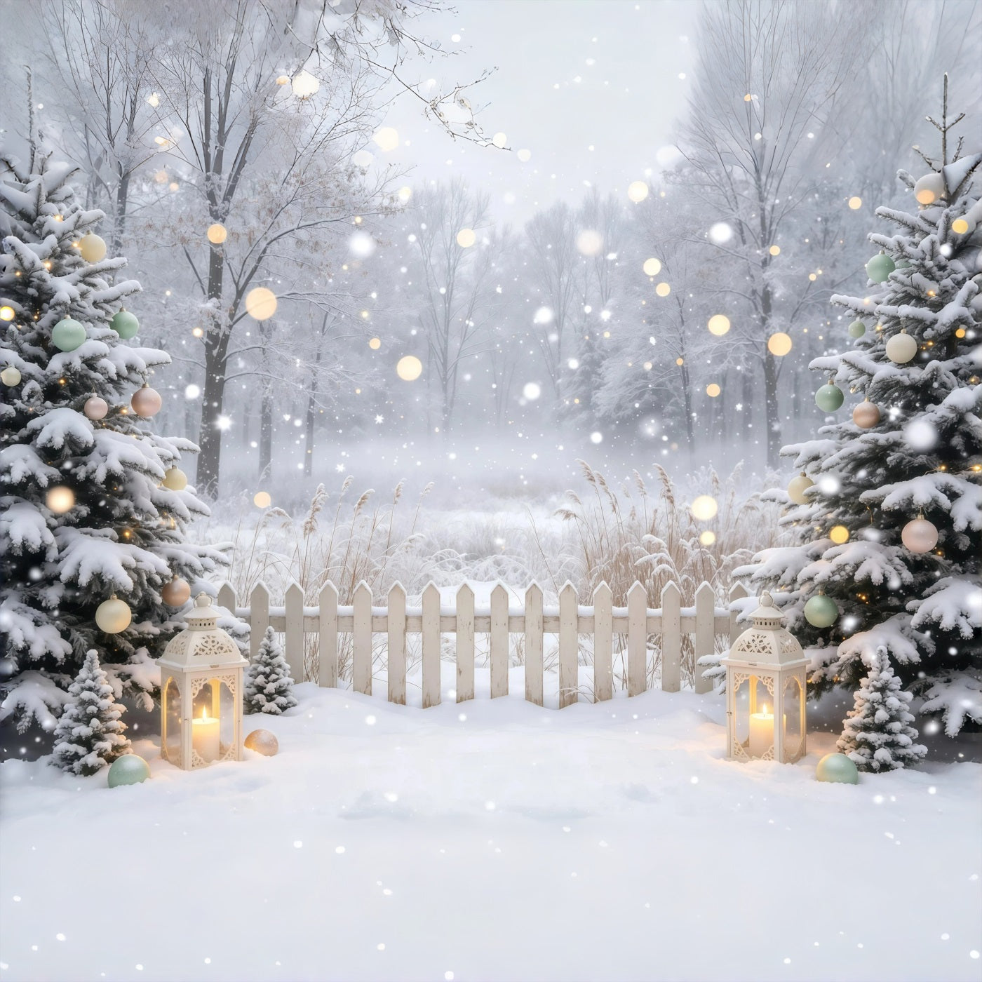 Winter Christmas Backdrop Snowy Forest Lanterns Professional Christmas Backdrop GQ68-109