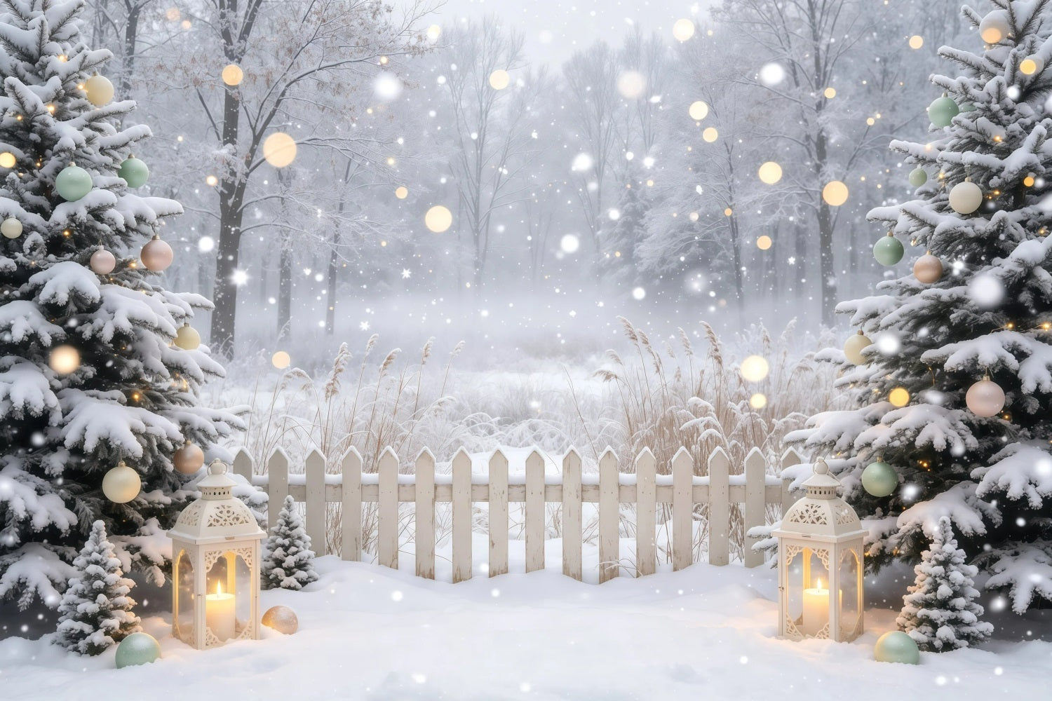 Winter Christmas Backdrop Snowy Forest Lanterns Professional Christmas Backdrop GQ68-109