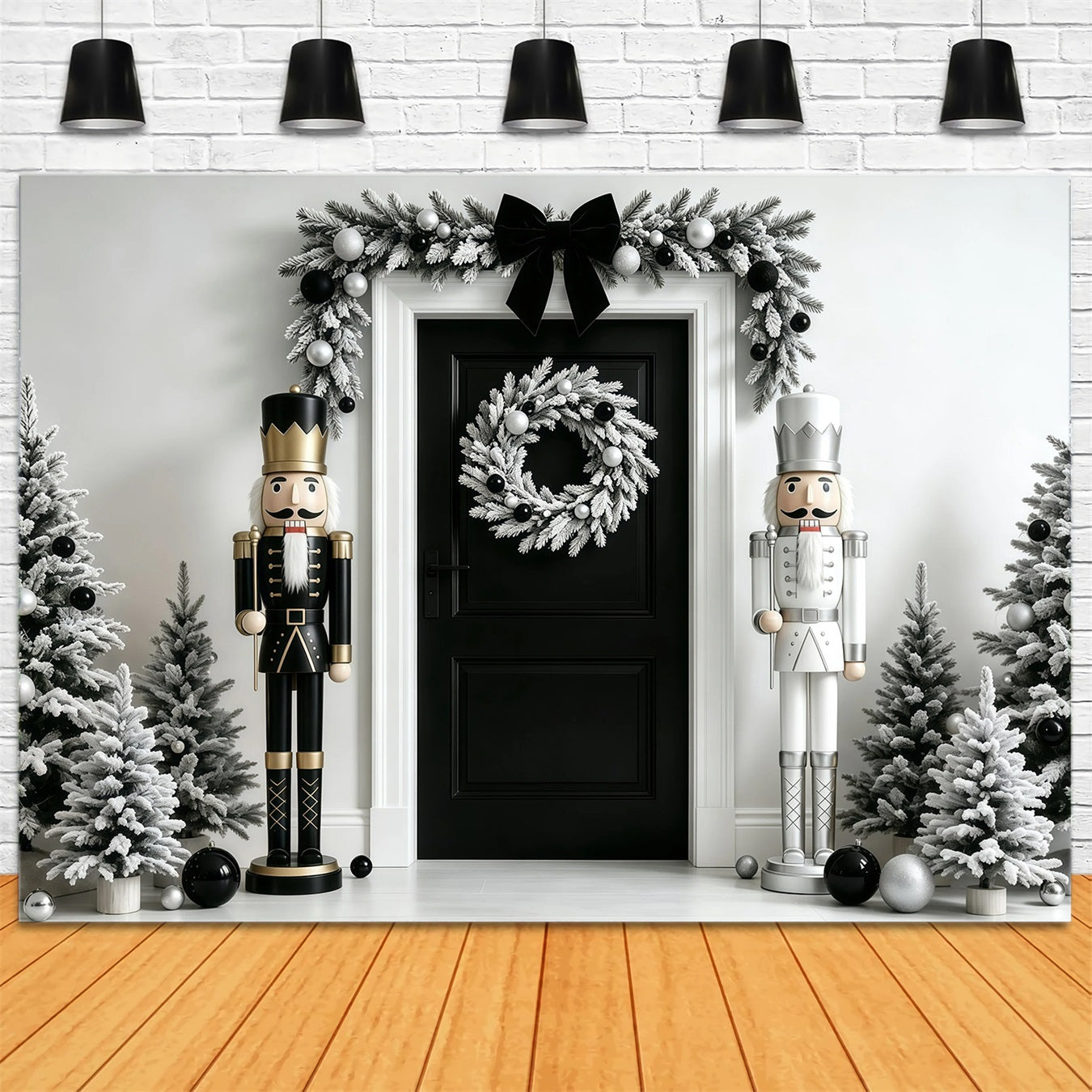 Christmas Nutcracker Backdrop Black White Garland Door Wall Backdrop Christmas GQ68-110