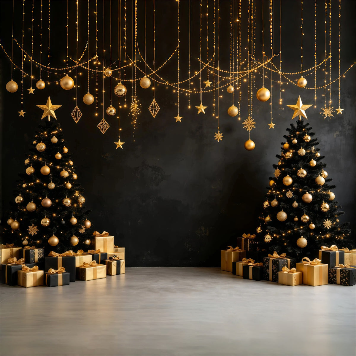 Modern Christmas Backdrop Golden Black Hanging Ornaments Muslin Backdrop Christmas GQ68-112