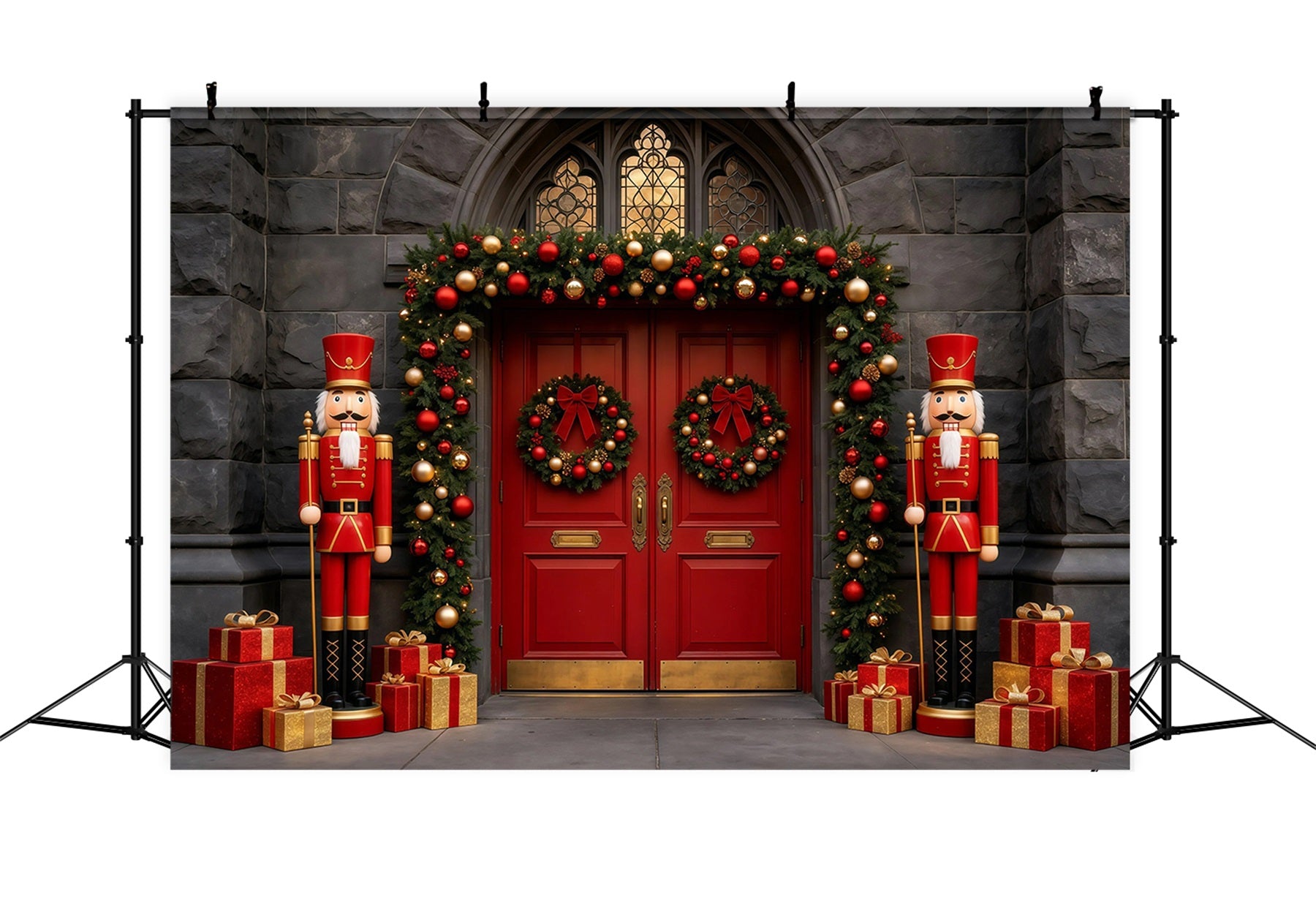 Christmas Nutcracker Backdrop Stone Red Door Entrance Photographic Backdrops Christmas GQ68-113