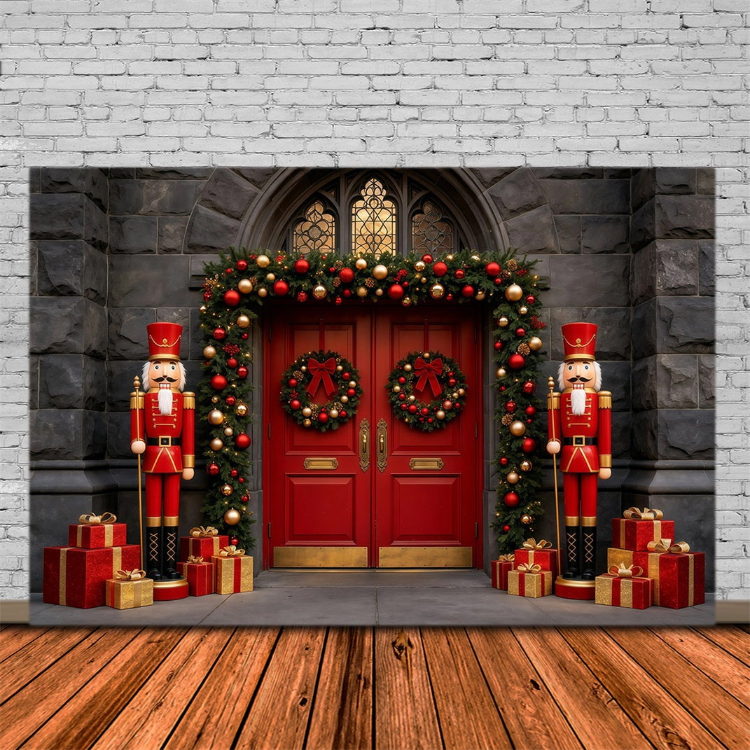Christmas Nutcracker Backdrop Stone Red Door Entrance Photographic Backdrops Christmas GQ68-113