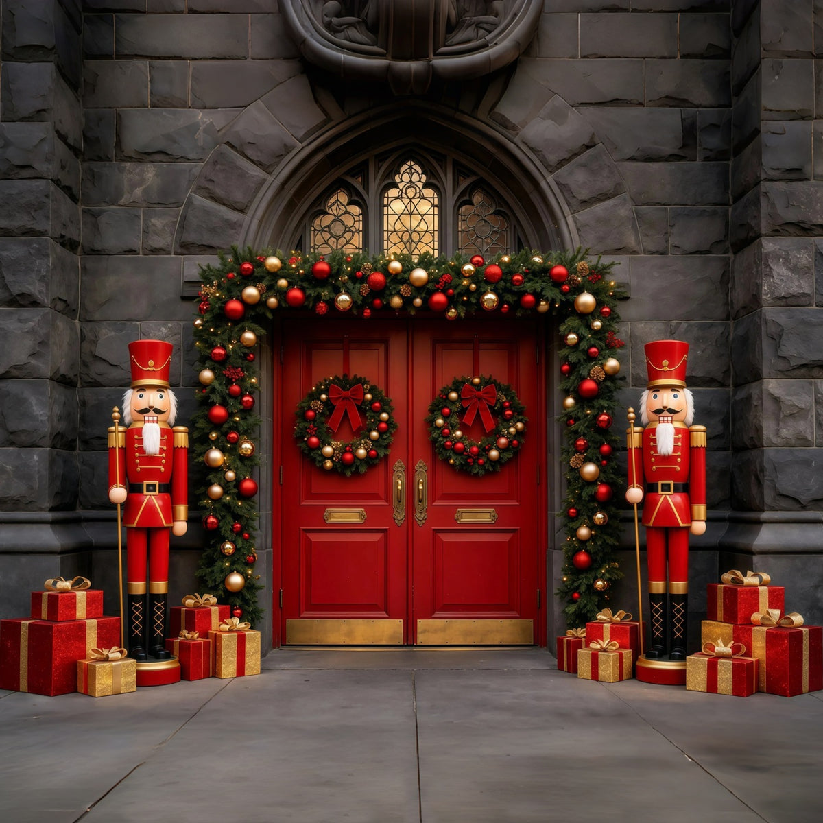 Christmas Nutcracker Backdrop Stone Red Door Entrance Photographic Backdrops Christmas GQ68-113