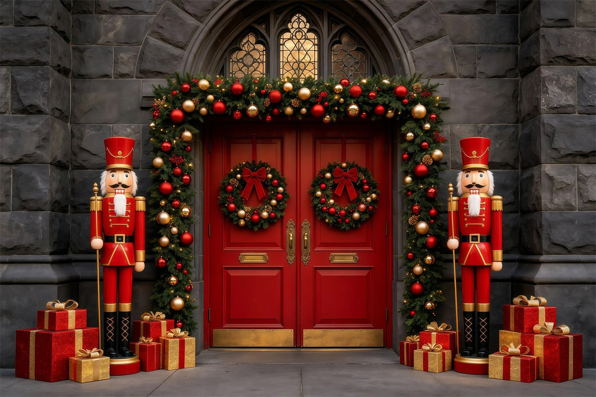 Christmas Nutcracker Backdrop Stone Red Door Entrance Photographic Backdrops Christmas GQ68-113