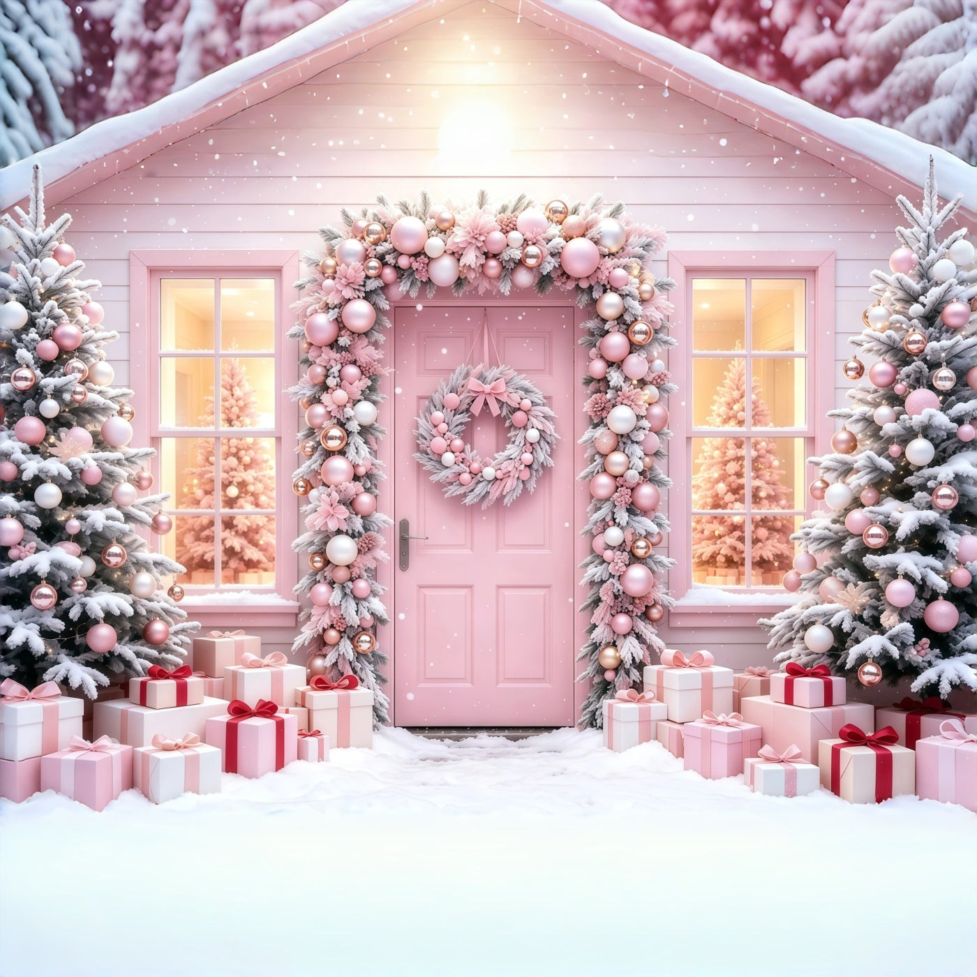 Pink Christmas Backdrop Snowy Tree Gift Doorway Christmas Muslin Backd