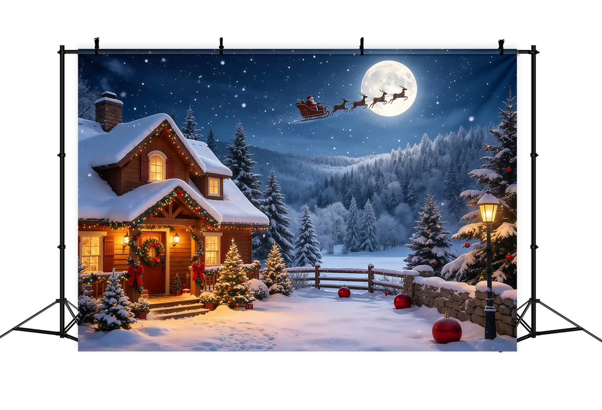 Christmas Santa Backdrop Moonlit Cabin Snowy Mountain Christmas Backdrop GQ68-115