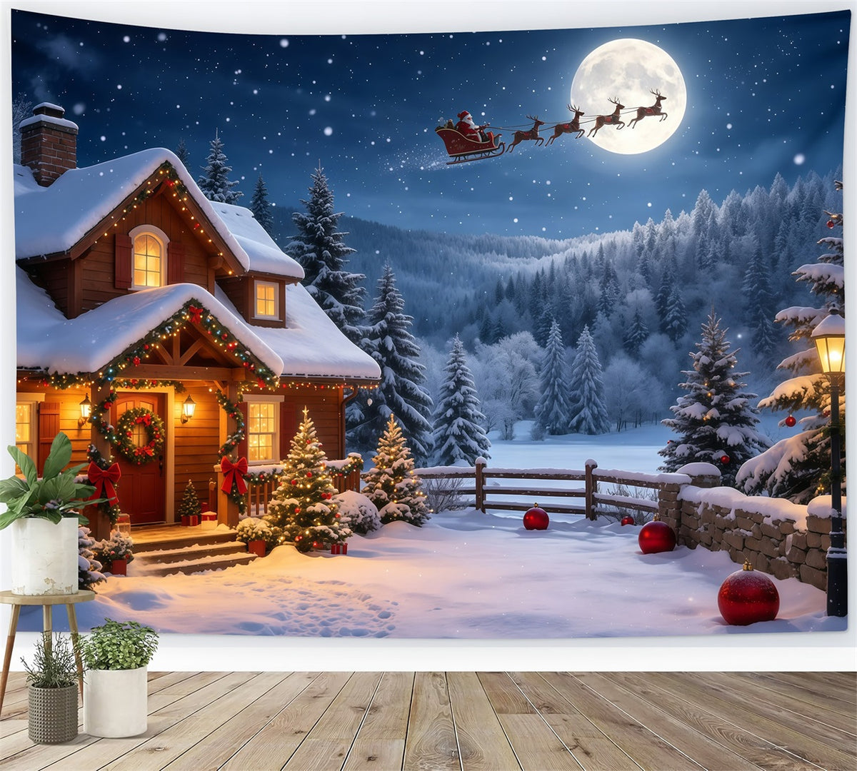Christmas Santa Backdrop Moonlit Cabin Snowy Mountain Christmas Backdrop GQ68-115