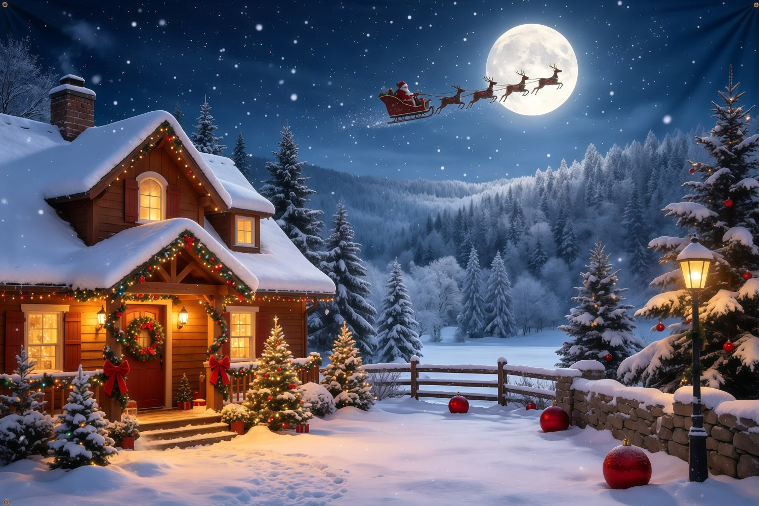 Christmas Santa Backdrop Moonlit Cabin Snowy Mountain Christmas Backdrop GQ68-115