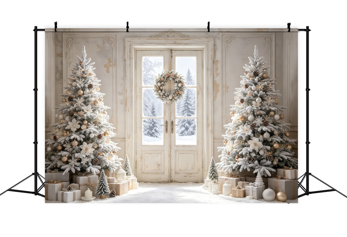 Simple Christmas Backdrop White Frosted Door Trees Christmas Backdrops GQ68-116