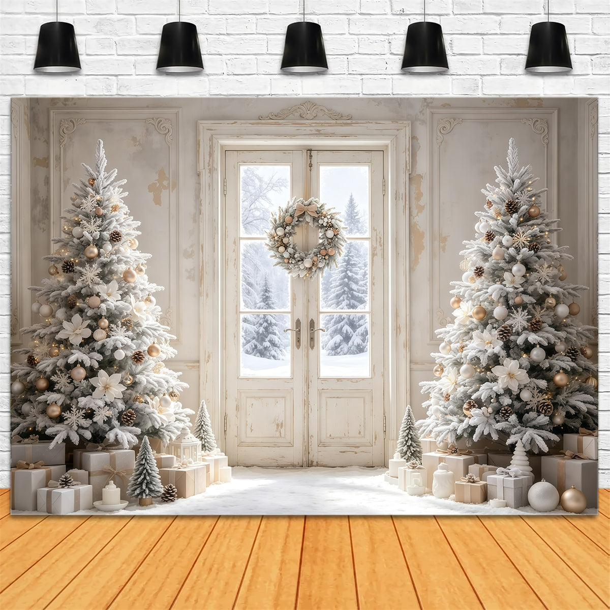 Simple Christmas Backdrop White Frosted Door Trees Christmas Backdrops GQ68-116
