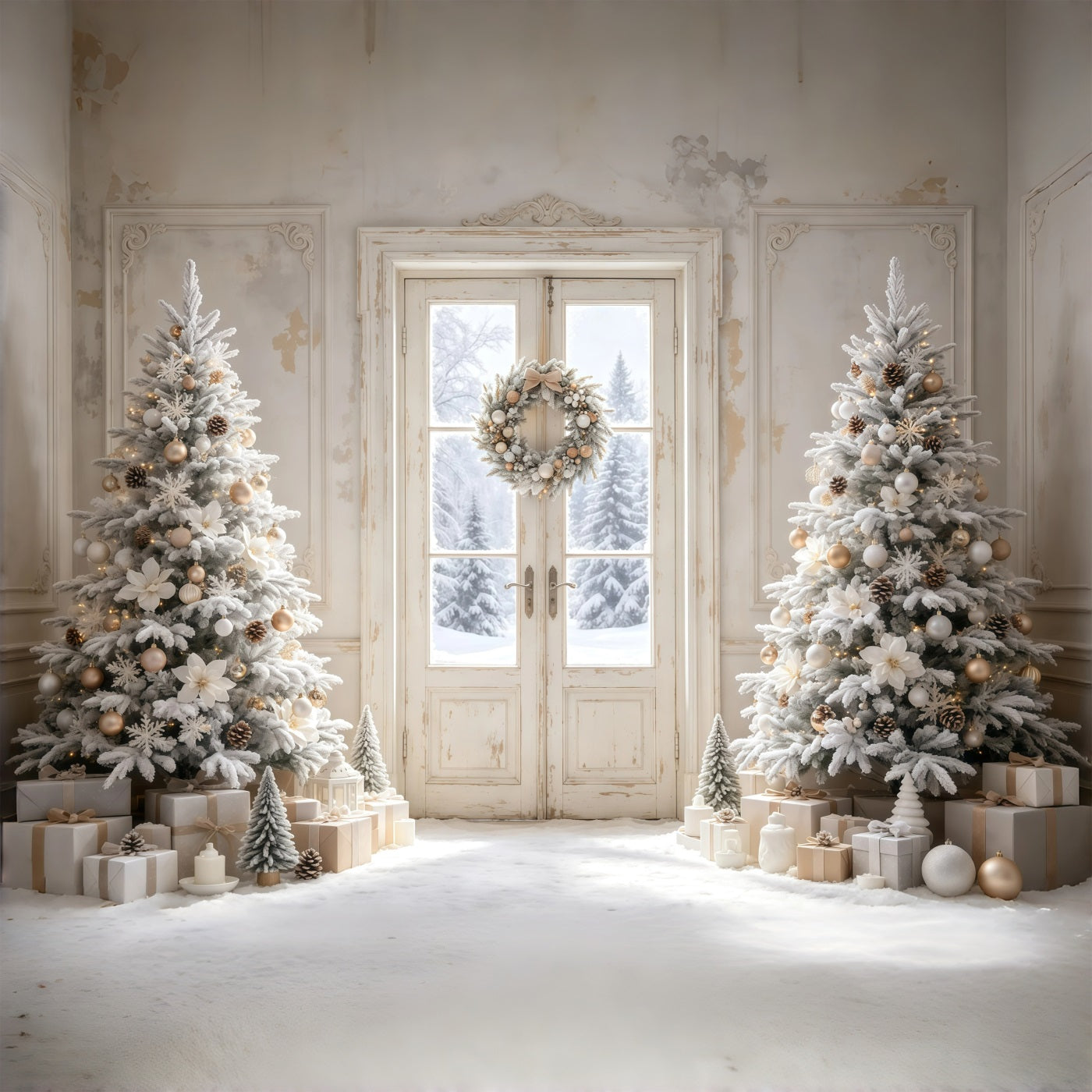 Simple Christmas Backdrop White Frosted Door Trees Christmas Backdrops GQ68-116