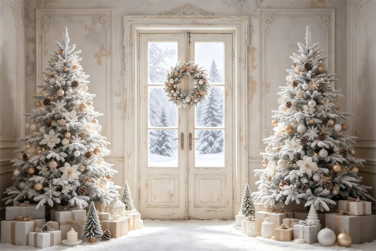 Simple Christmas Backdrop White Frosted Door Trees Christmas Backdrops GQ68-116