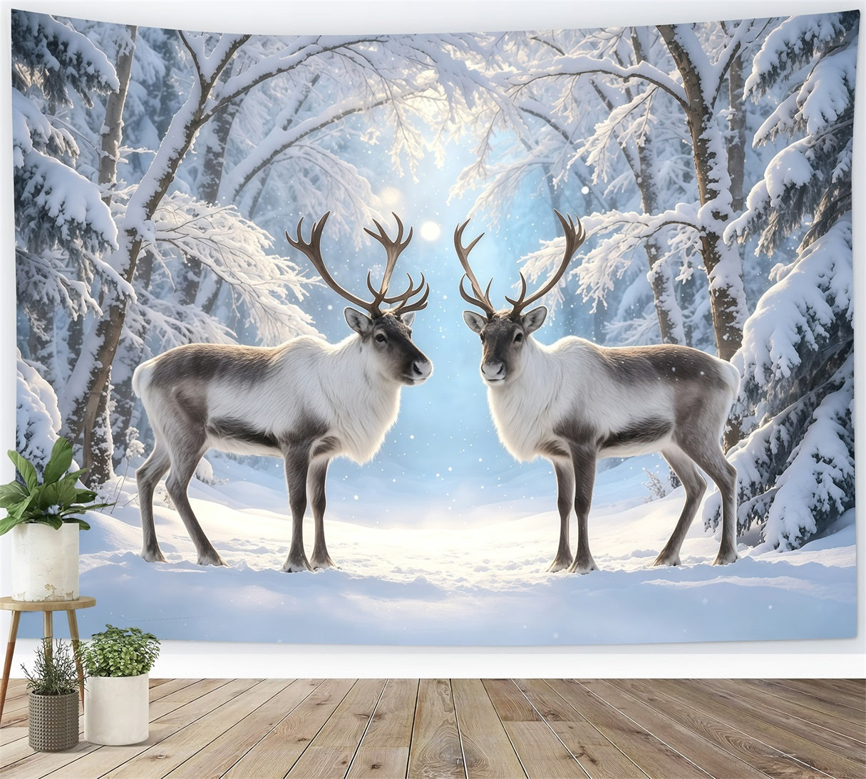 Snowy Christmas Backdrop Reindeer Winter Forest Path Christmas Photo Backdrop GQ68-117