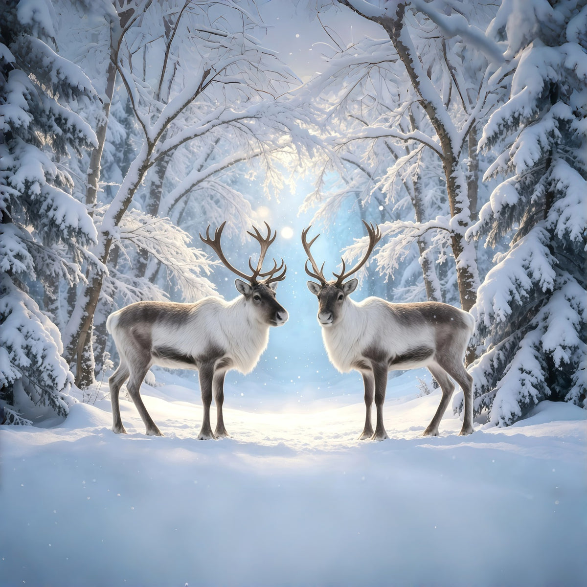 Snowy Christmas Backdrop Reindeer Winter Forest Path Christmas Photo Backdrop GQ68-117