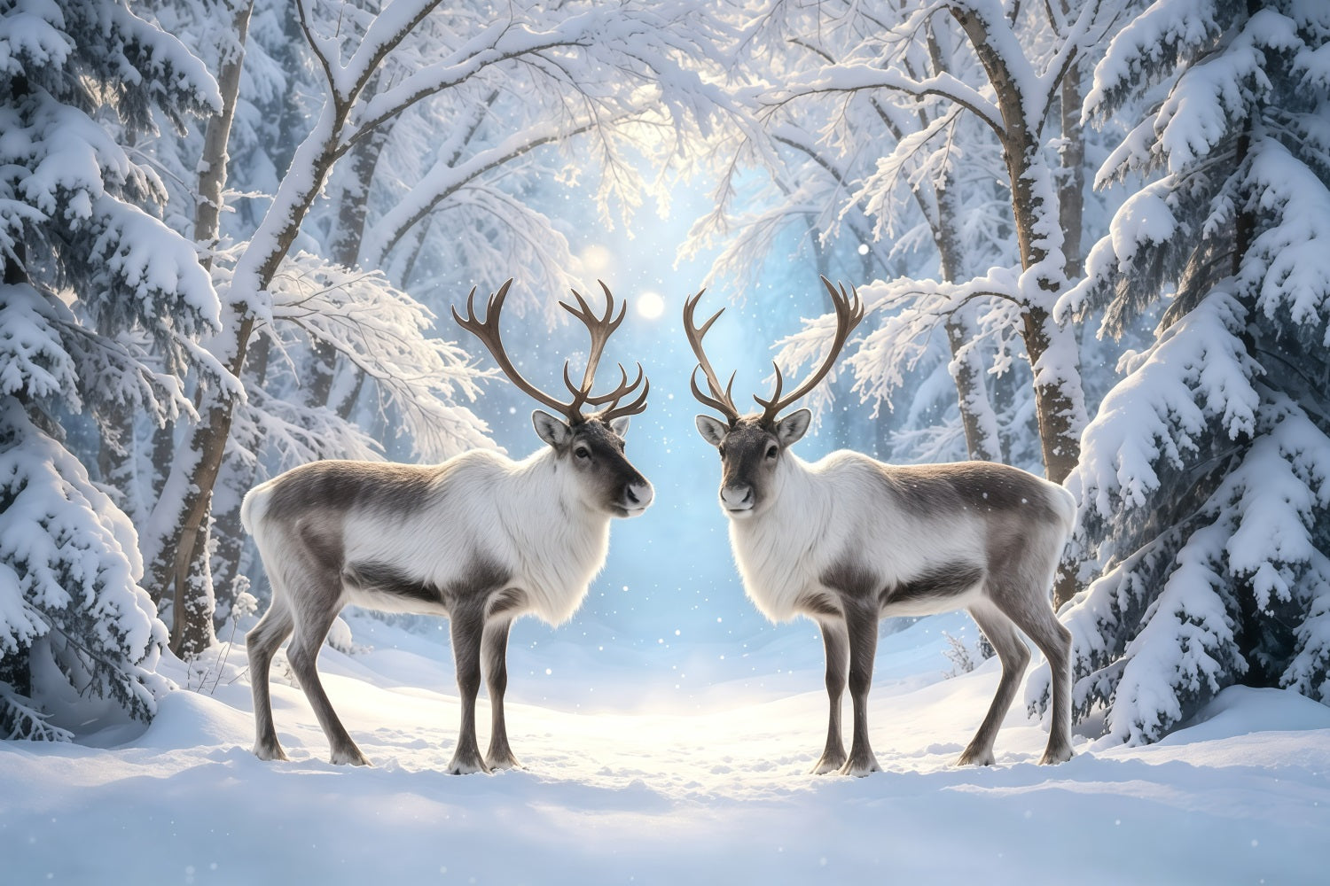 Snowy Christmas Backdrop Reindeer Winter Forest Path Christmas Photo Backdrop GQ68-117