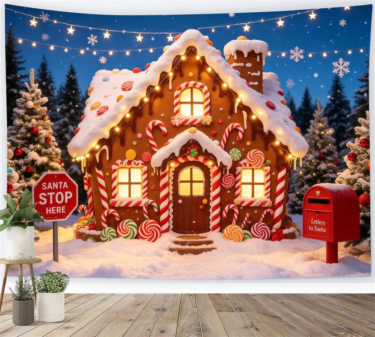 Gingerbread Christmas Backdrop Candy Cottage Snowy Forest Christmas Photo Backdrops GQ68-118