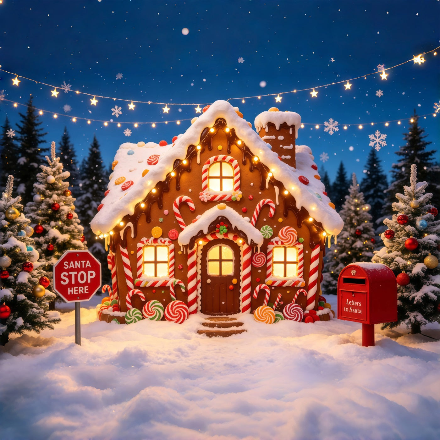 Gingerbread Christmas Backdrop Candy Cottage Snowy Forest Christmas Photo Backdrops GQ68-118