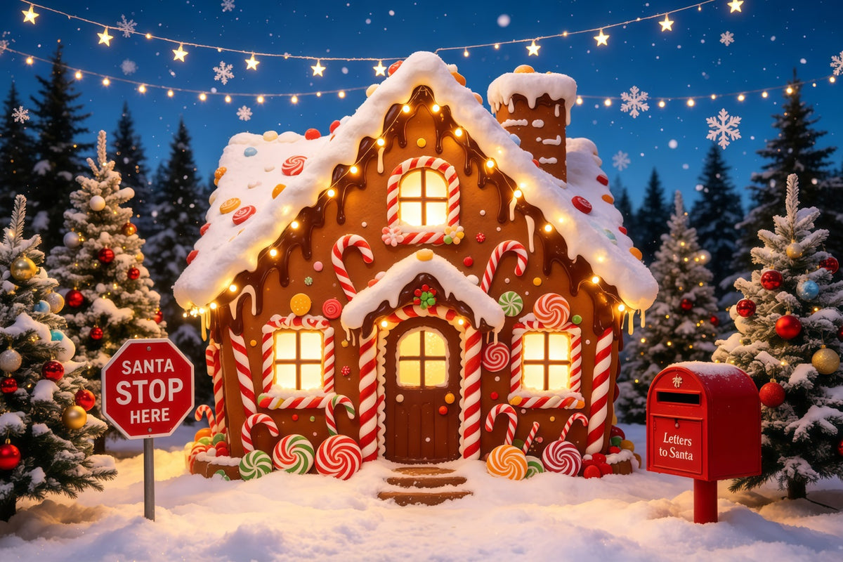 Gingerbread Christmas Backdrop Candy Cottage Snowy Forest Christmas Photo Backdrops GQ68-118