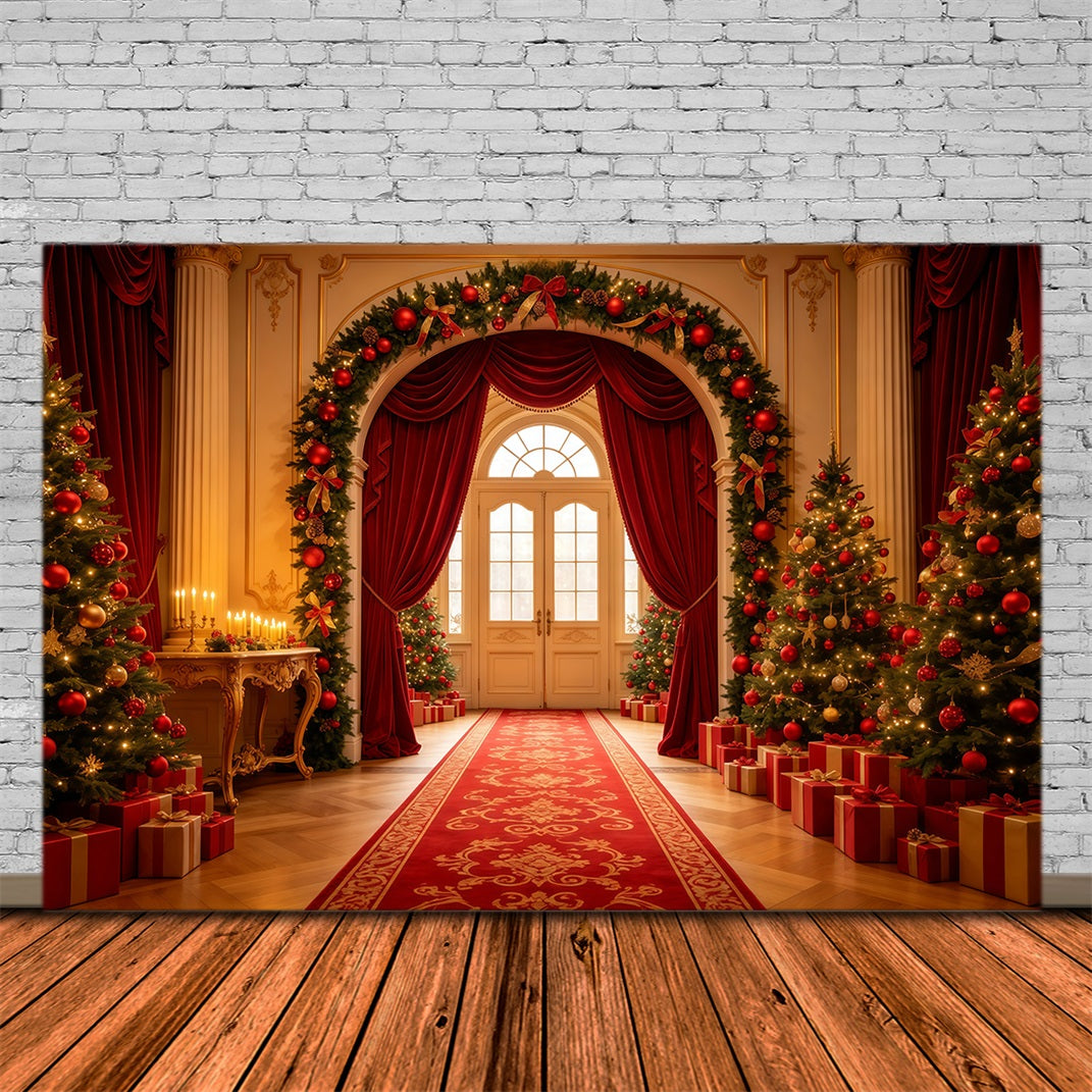 Christmas Living Room Backdrop Grand Red Curtain Archway Christmas Photography Backdrop GQ68-120